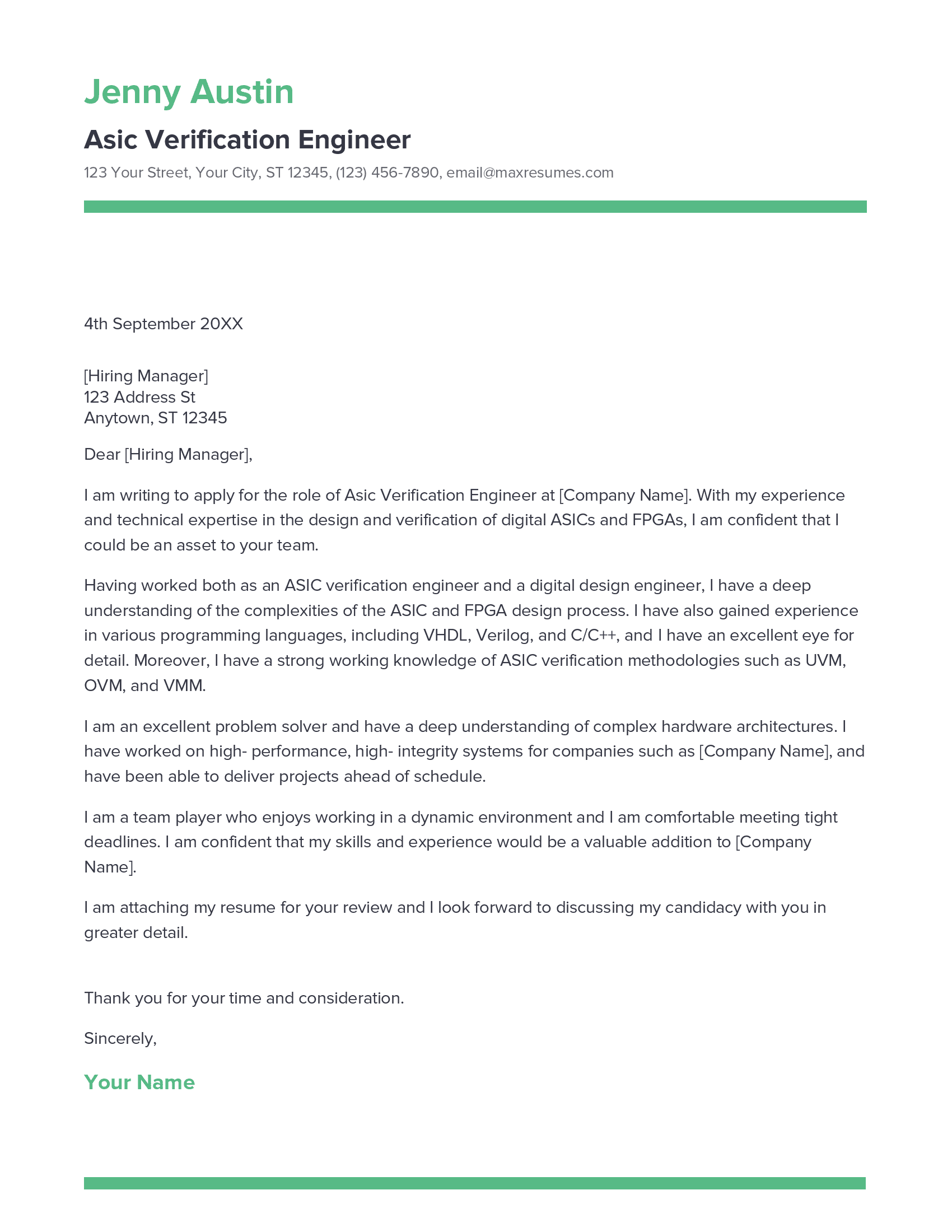Asic Verification Engineer Cover Letter Sample