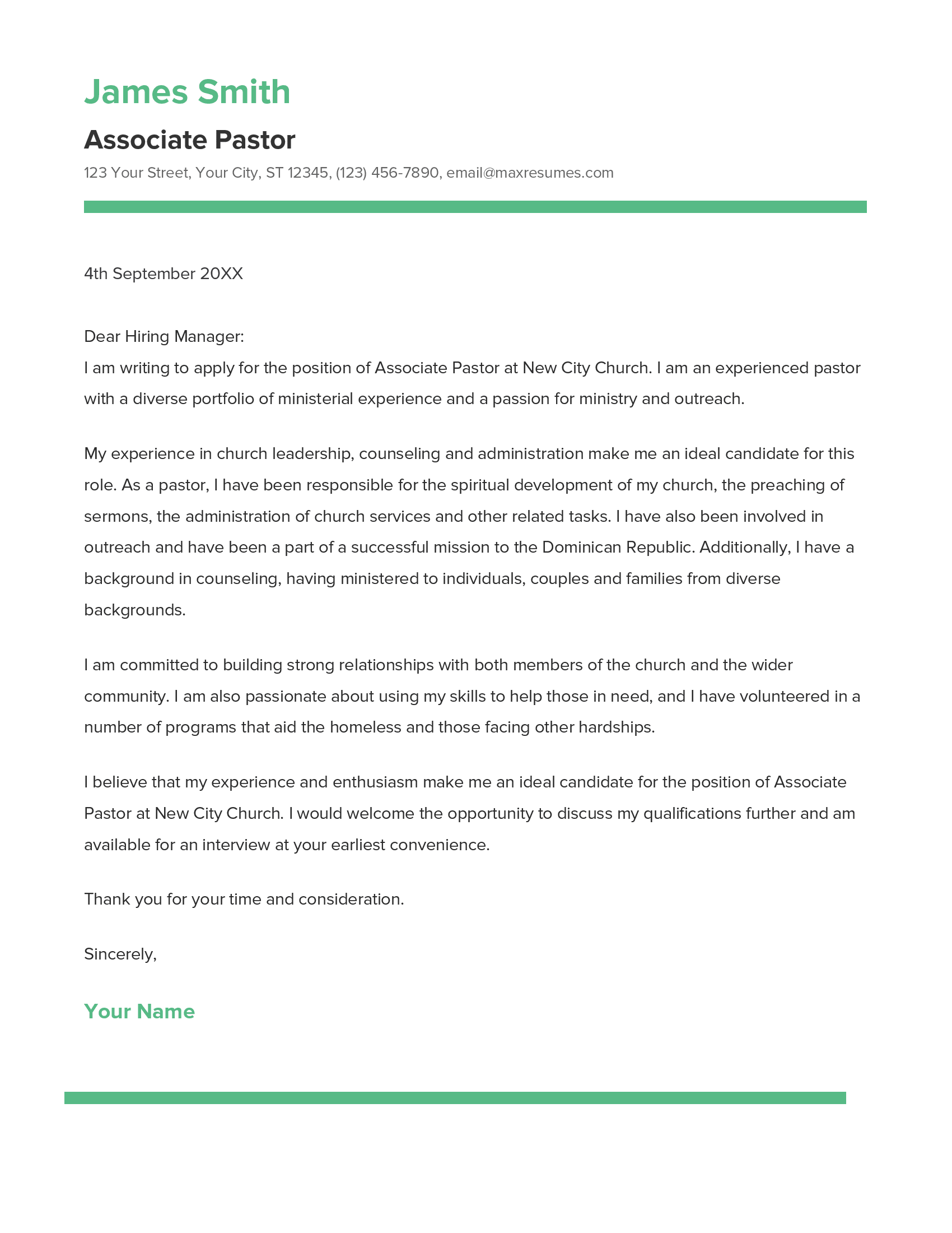 Associate Pastor Cover Letter Example