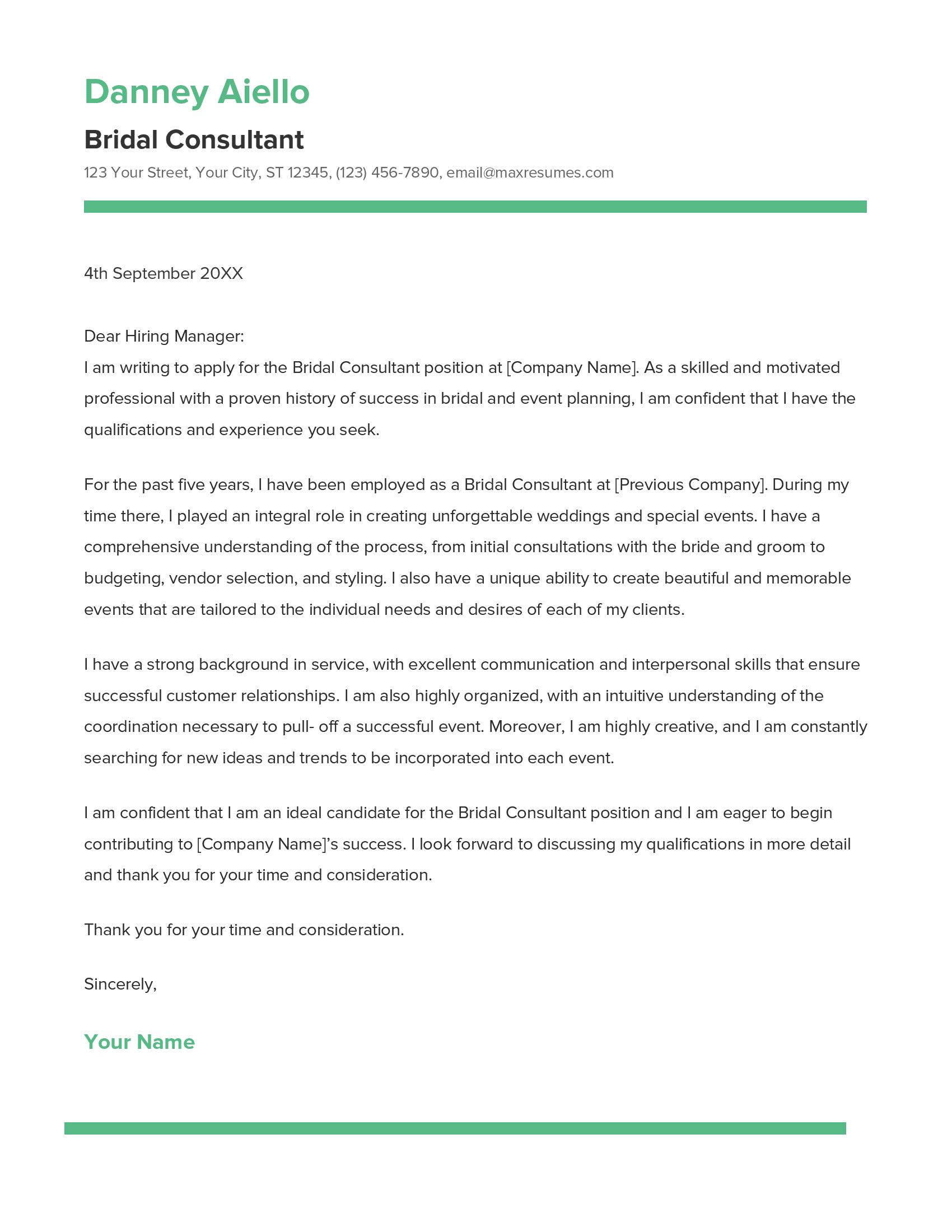 Bridal Consultant Cover Letter Example