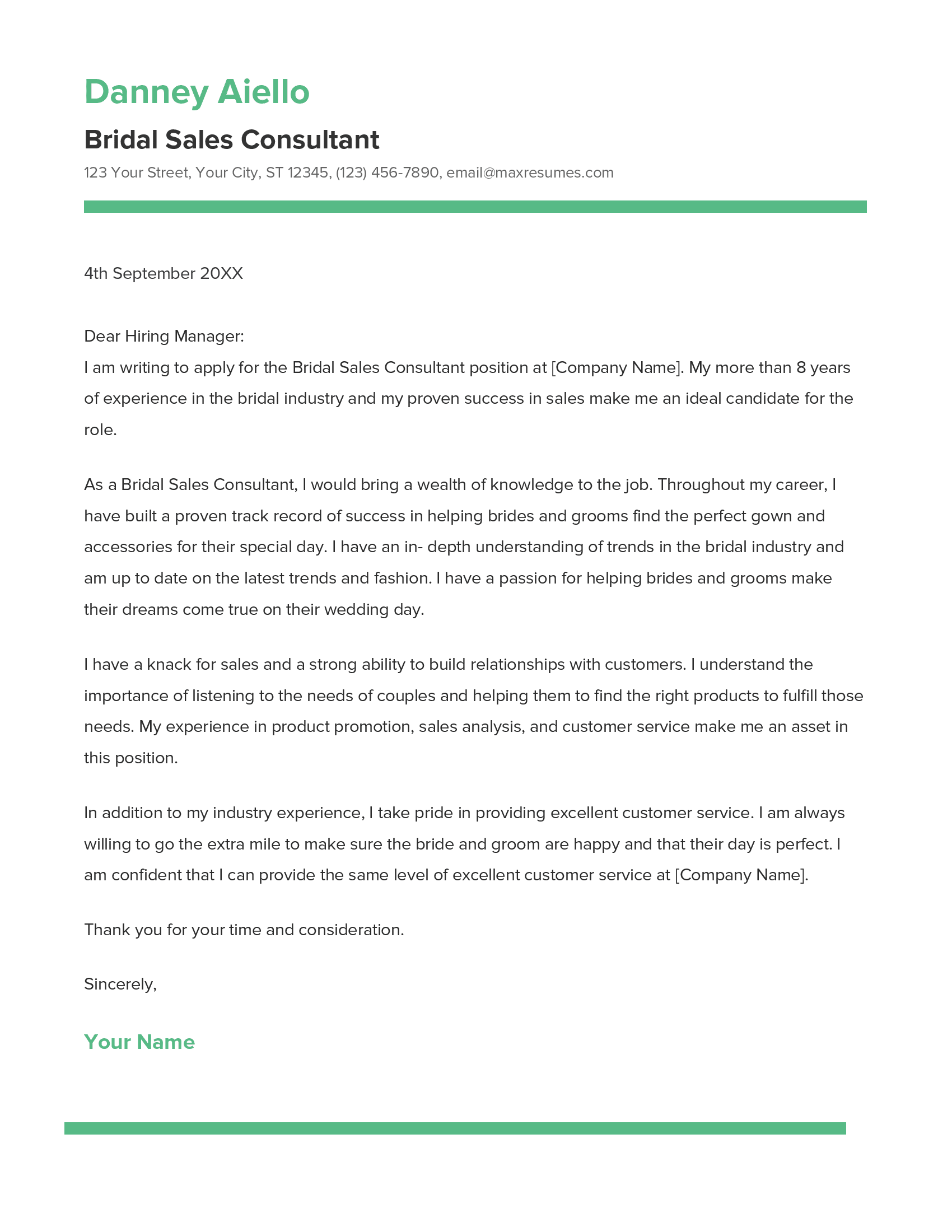 Bridal Sales Consultant Cover Letter Example