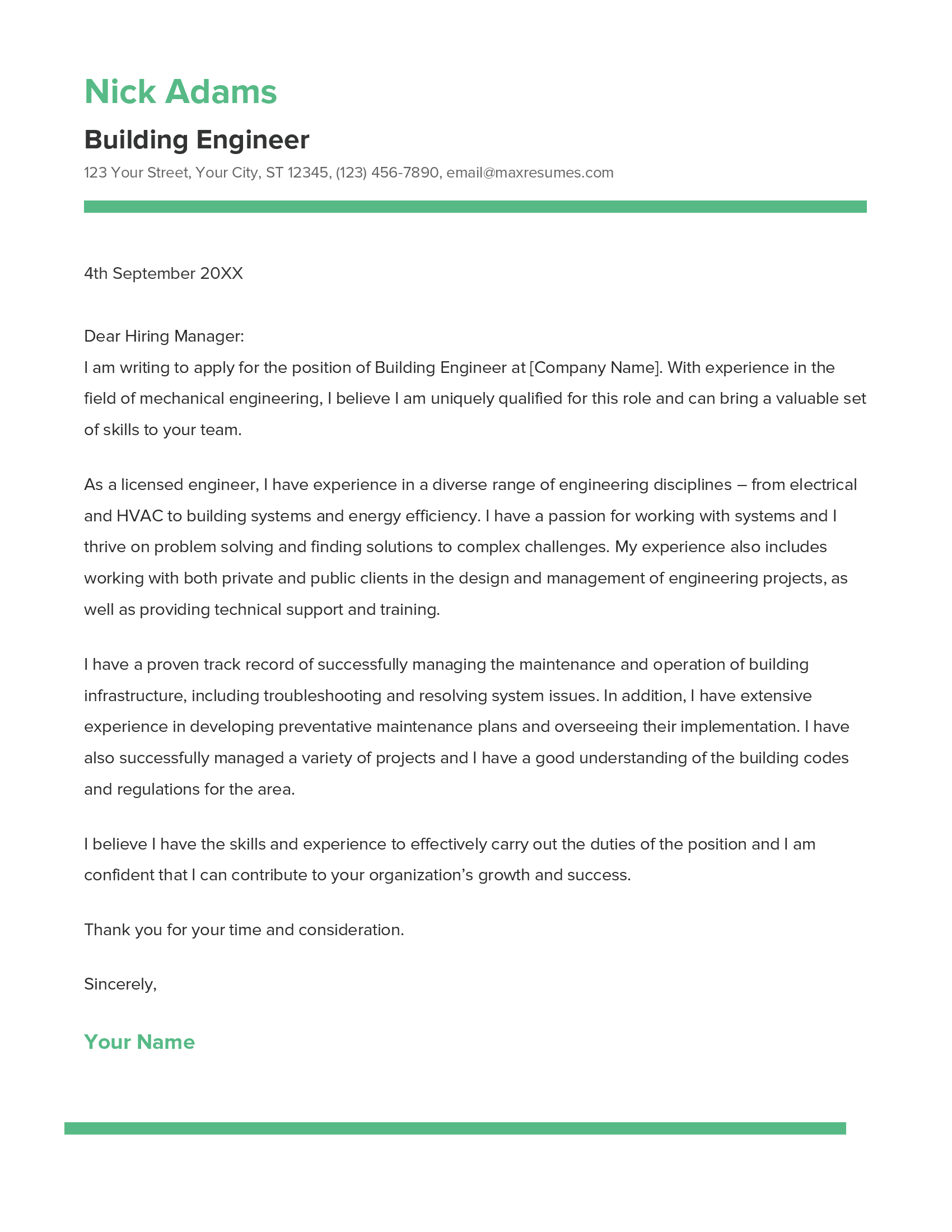 Building Engineer Cover Letter Example