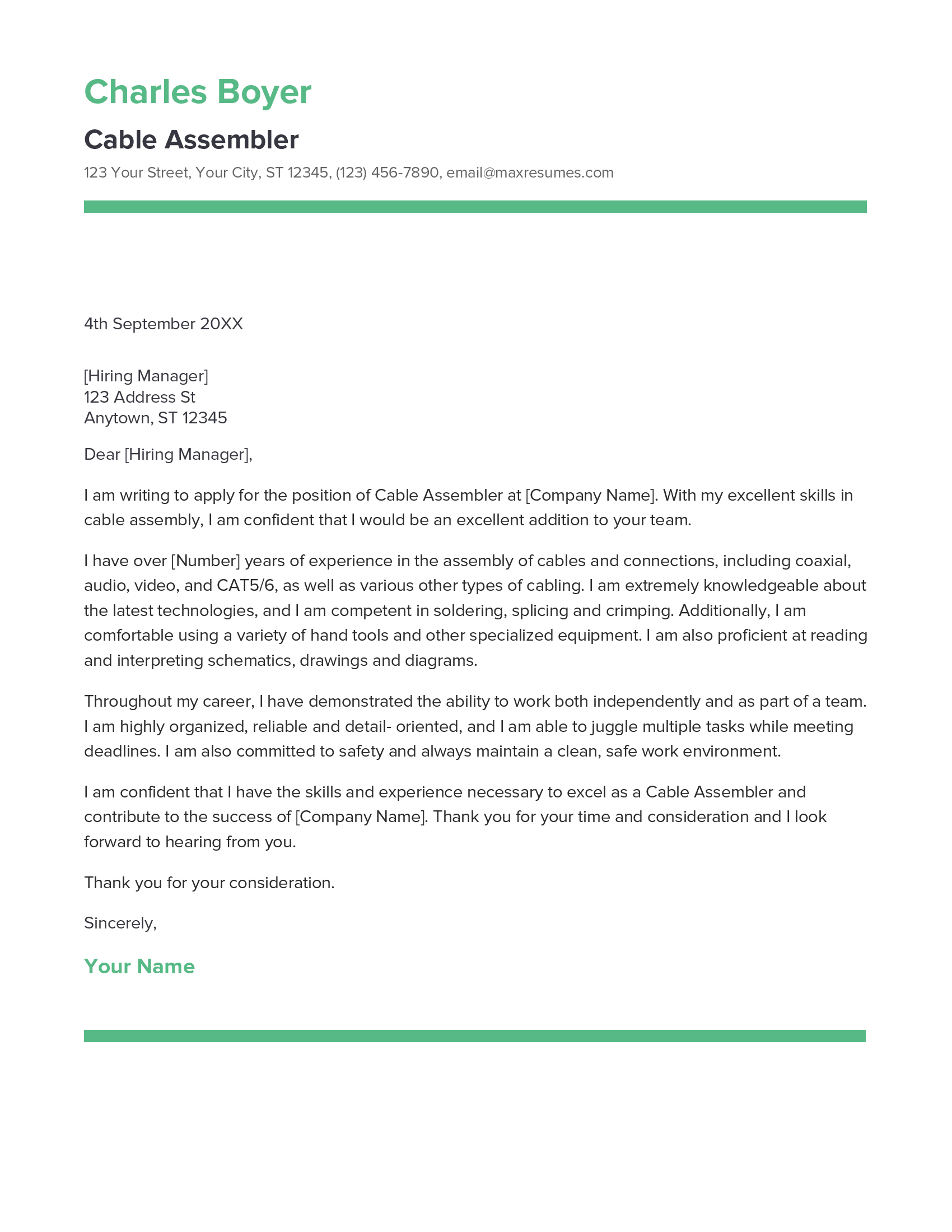 Cable Assembler Cover Letter Example