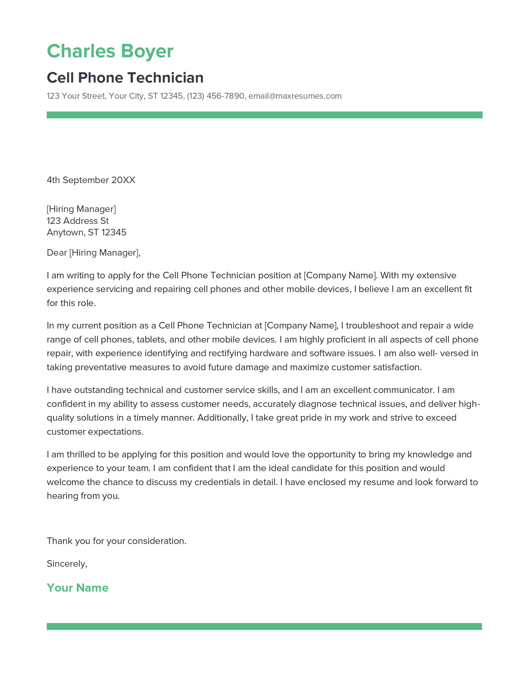 Cell Phone Technician Cover Letter Example