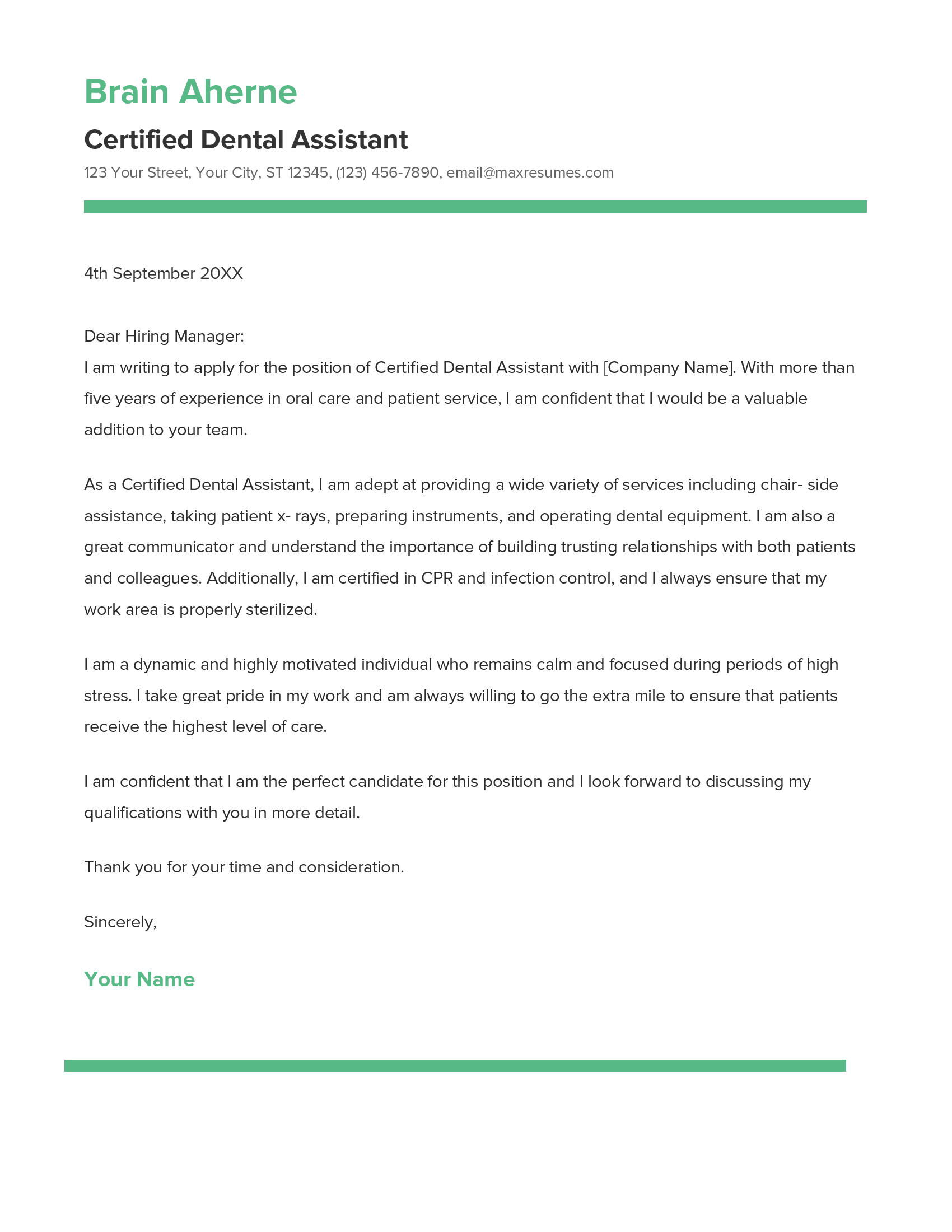 Certified Dental Assistant Cover Letter Example