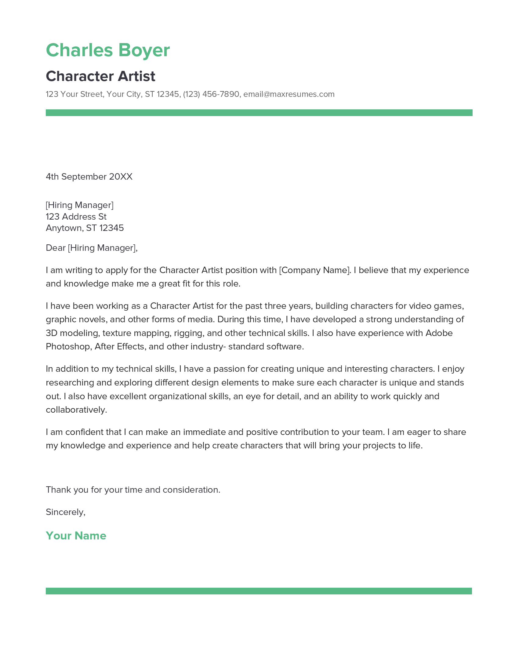 Character Artist Cover Letter Example
