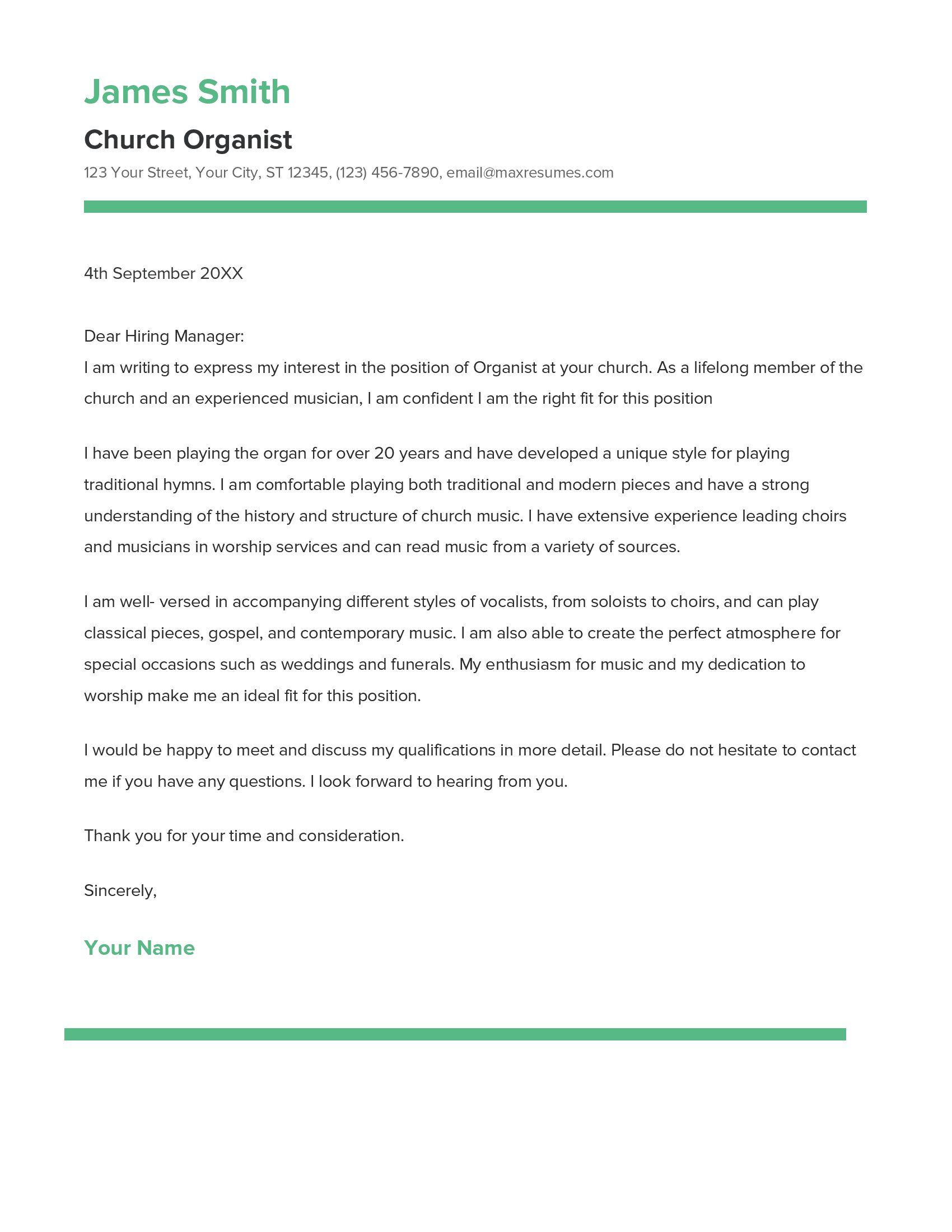 Church Organist Cover Letter Example