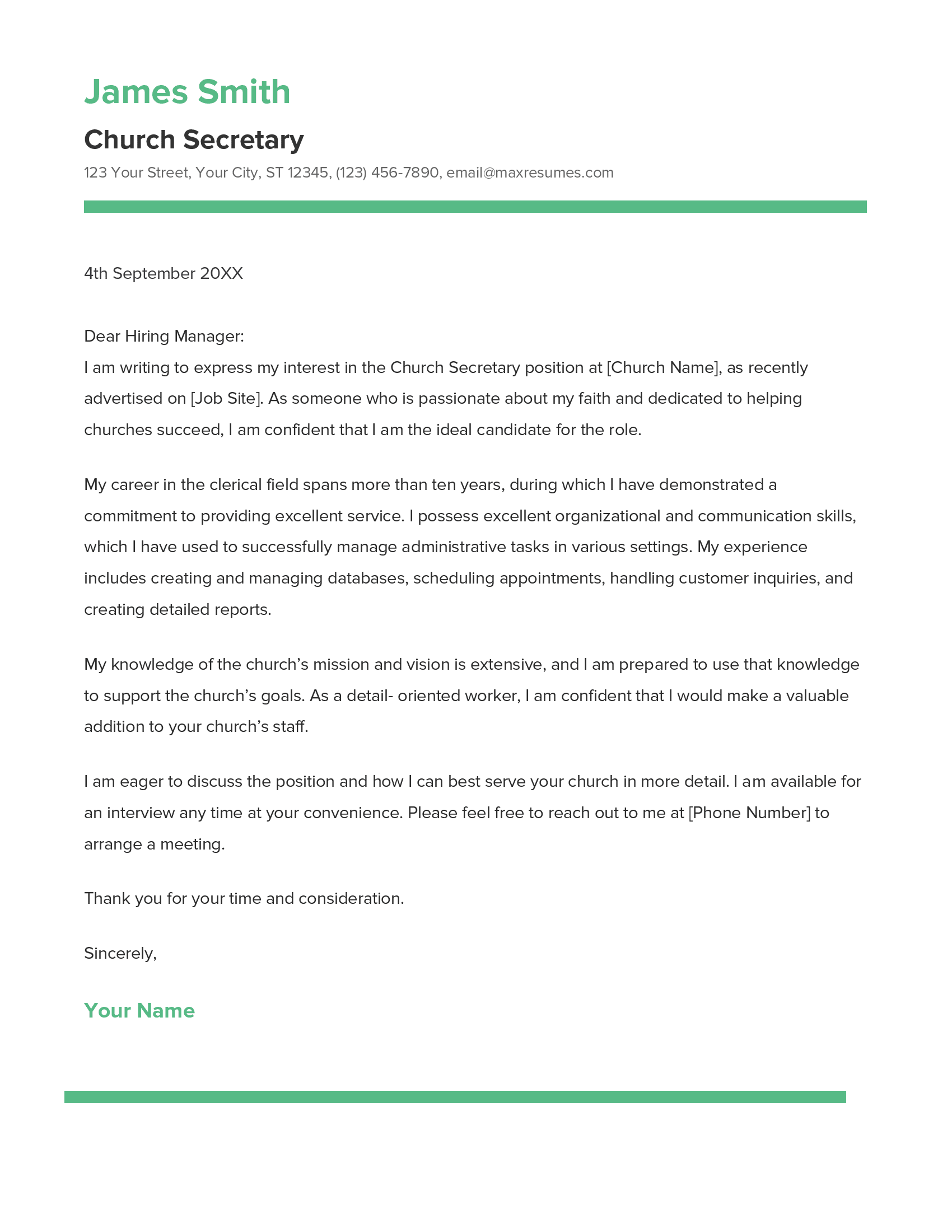 Church Secretary Cover Letter Example