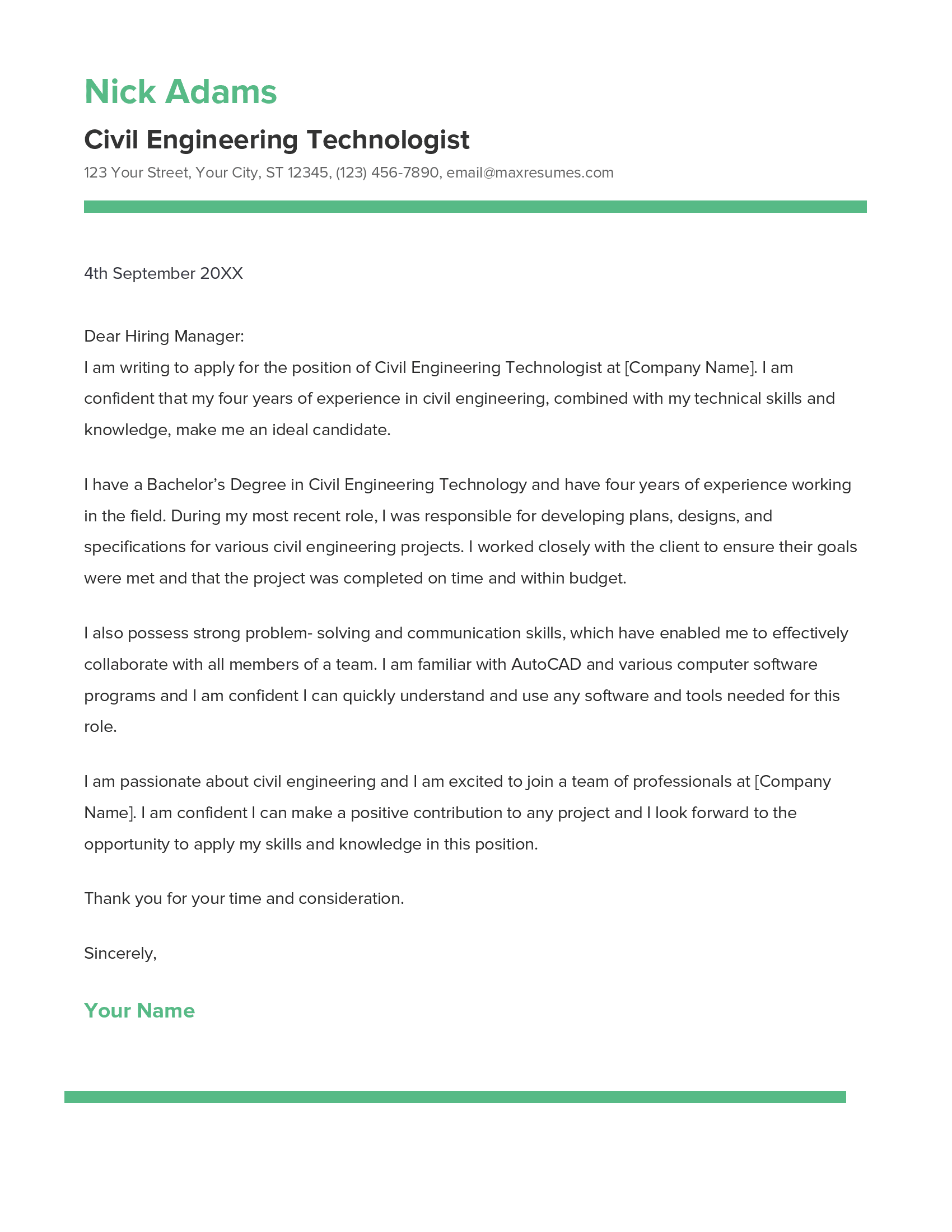 Civil Engineering Technologist Cover Letter Example