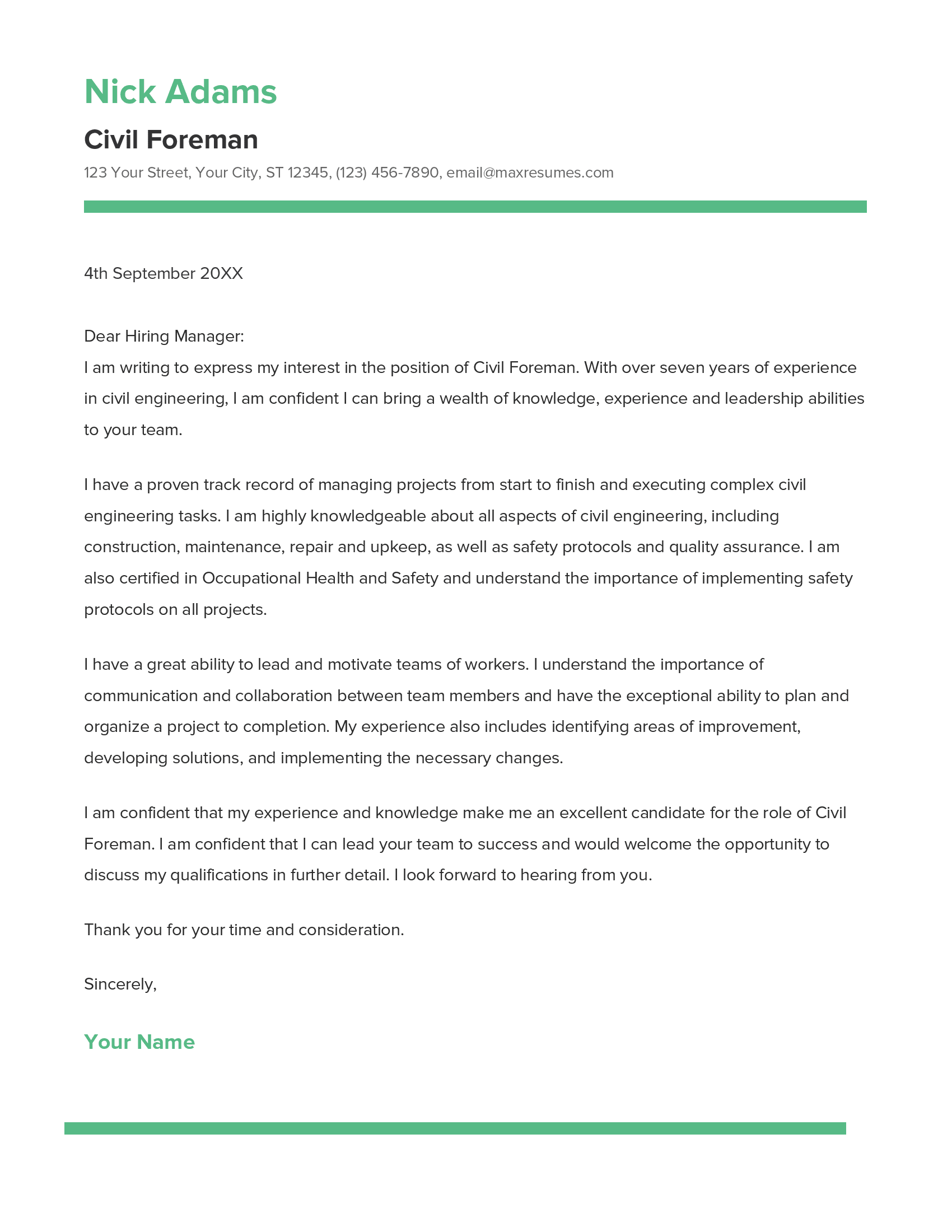Civil Foreman Cover Letter Example