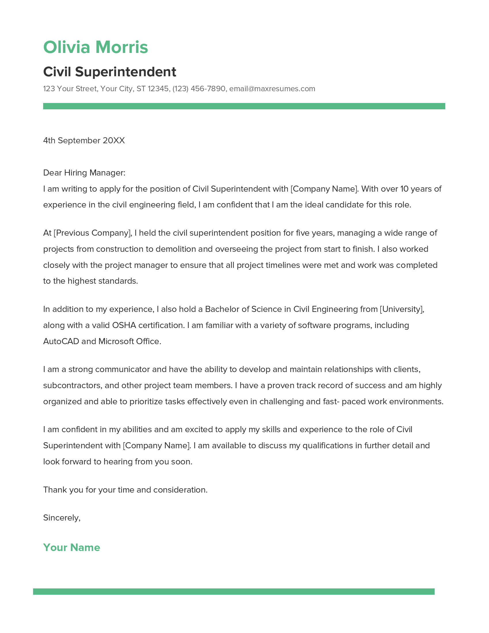 Civil Superintendent Cover Letter Example