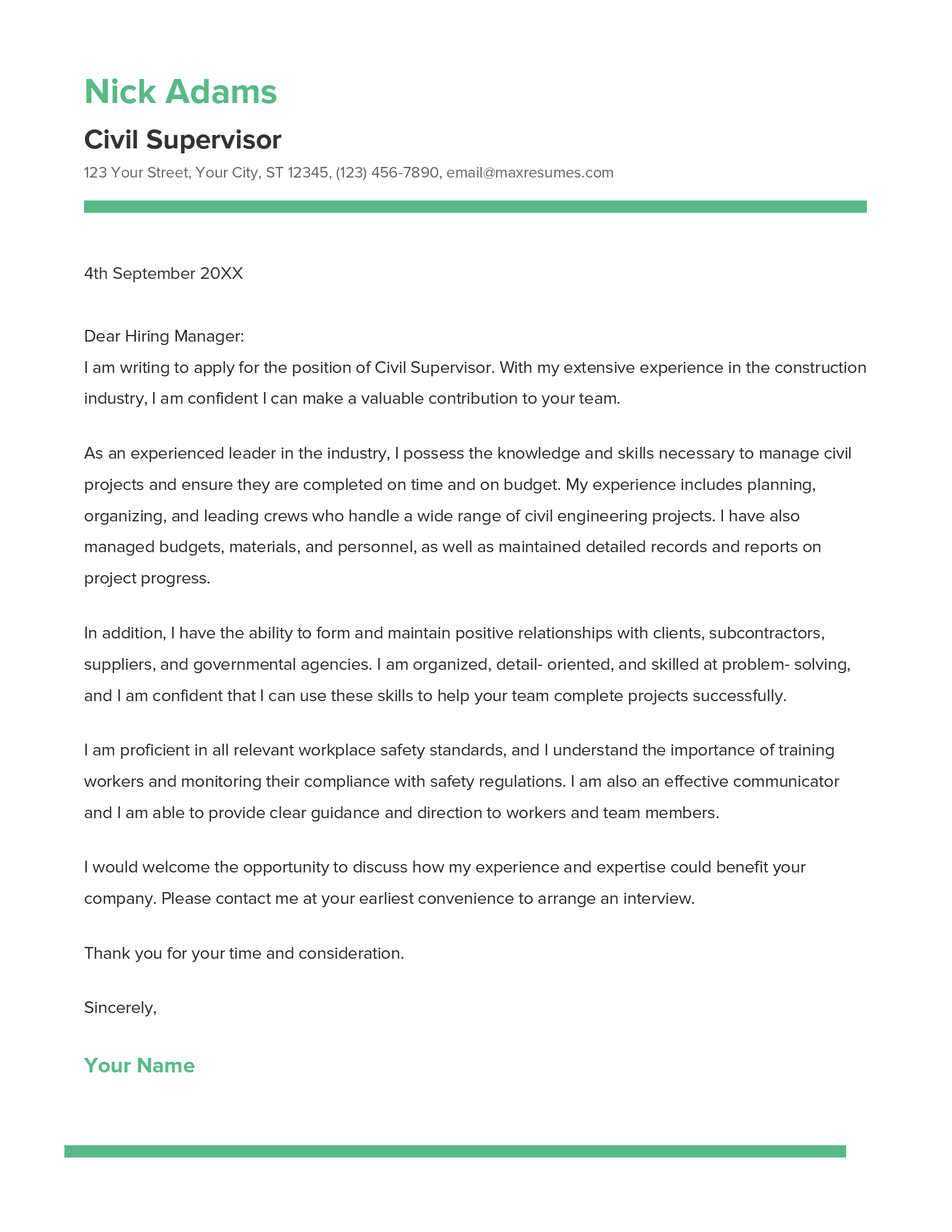 Civil Supervisor Cover Letter Example