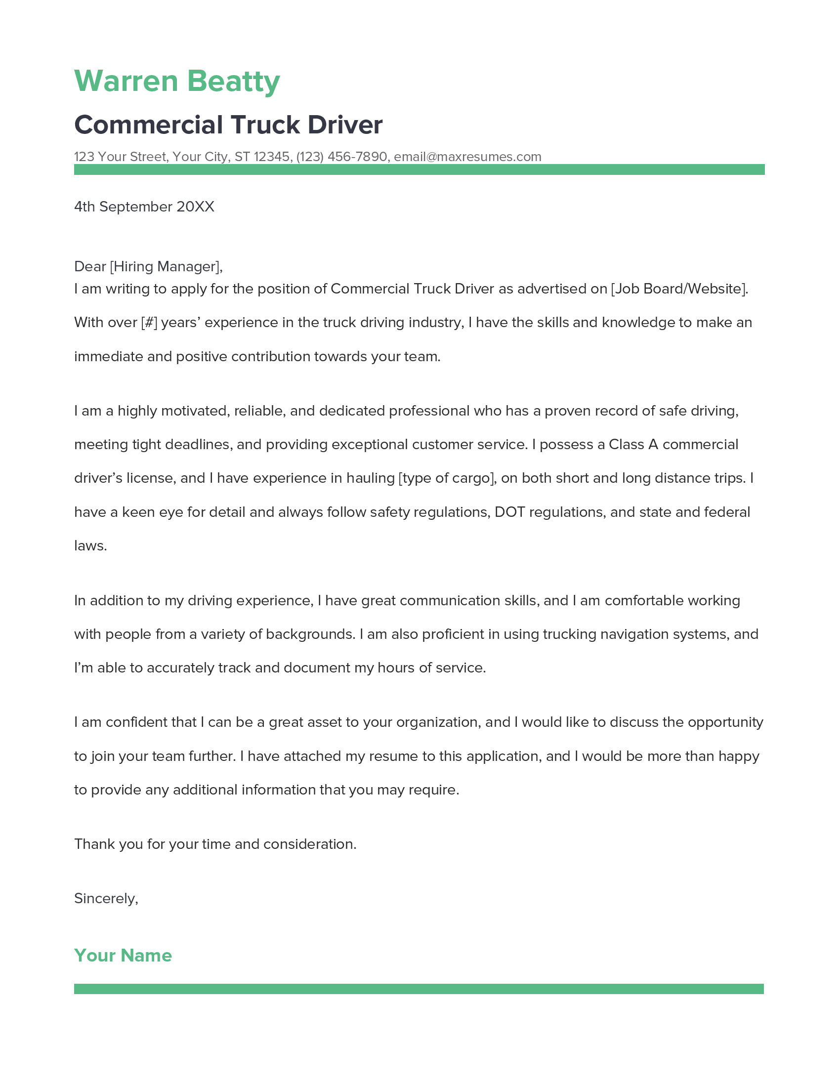 Commercial Truck Driver Cover Letter Example