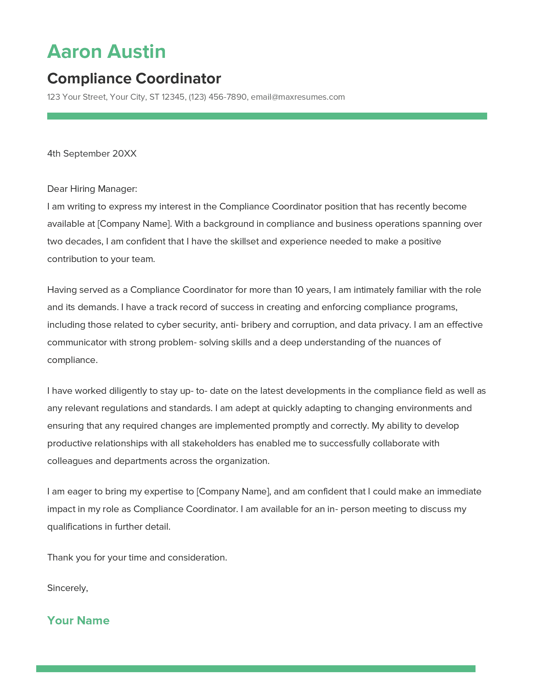 Compliance Coordinator Cover Letter Example