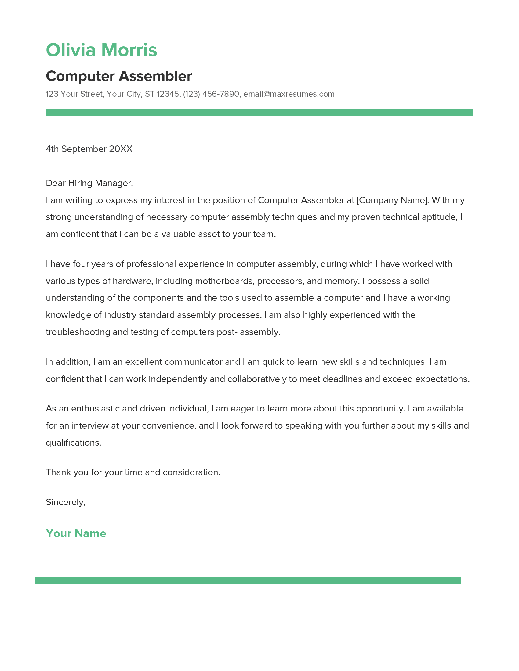 Computer Assembler Cover Letter Example