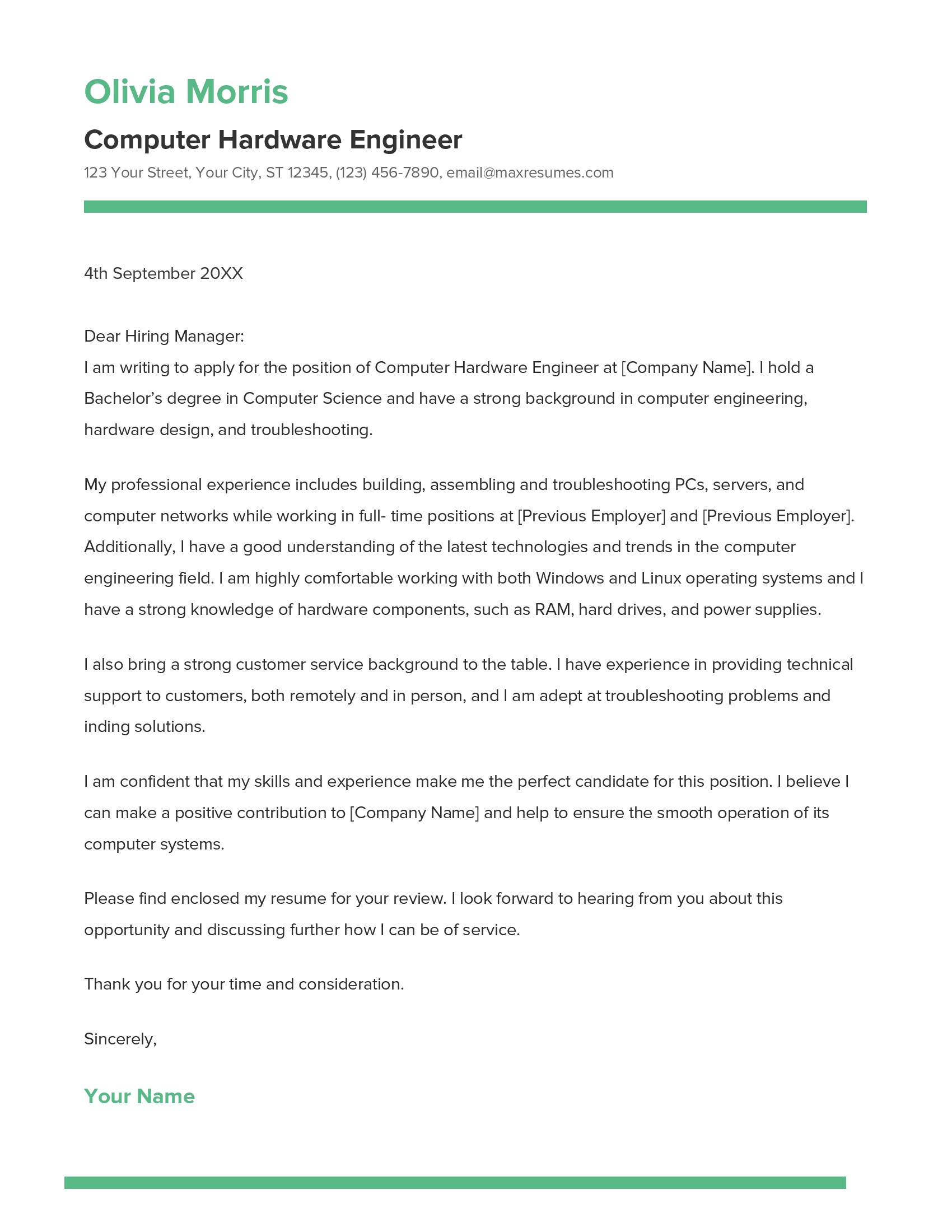 Computer Hardware Technician Cover Letter Example