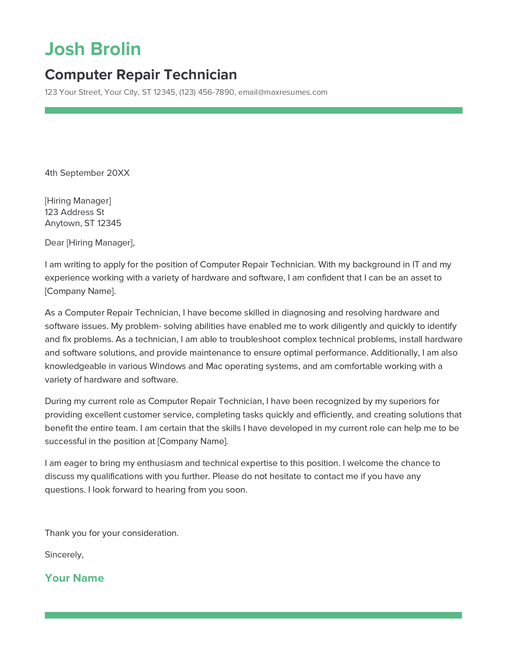 Computer Repair Technician Cover Letter Example