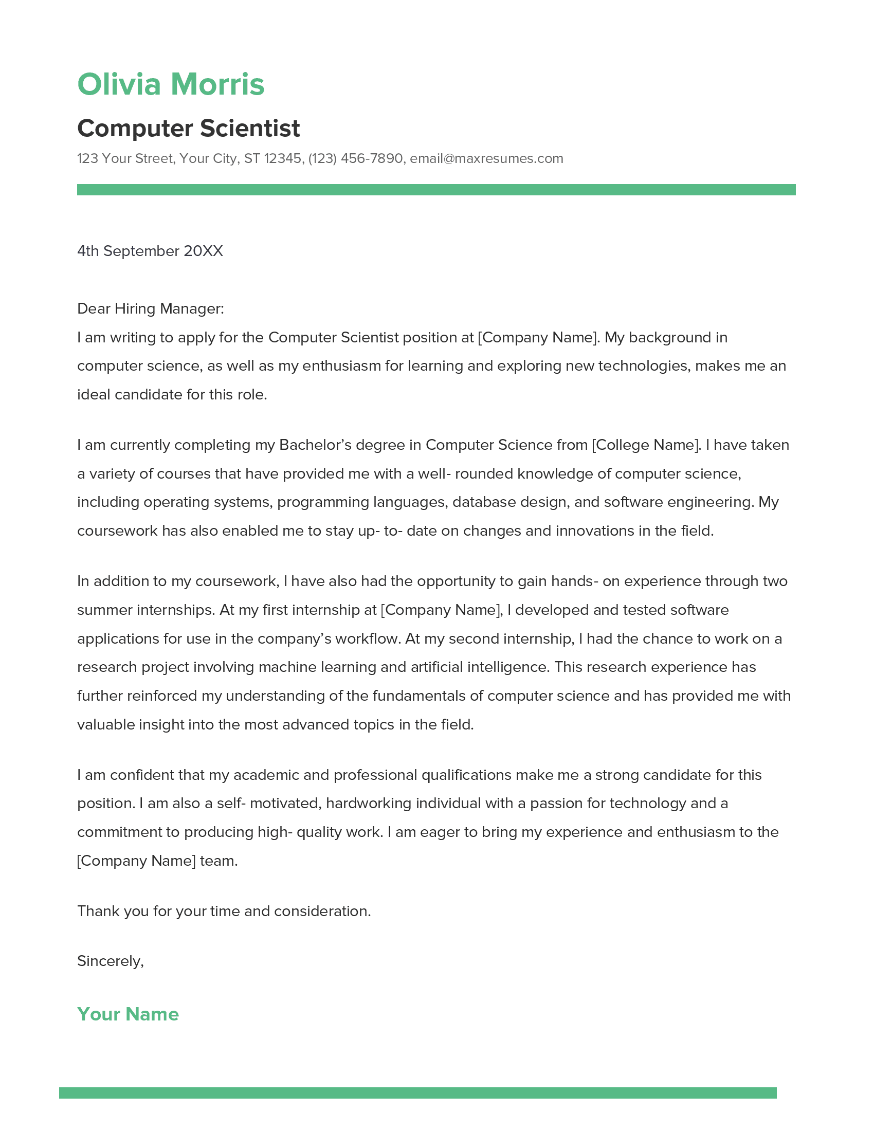 Computer Scientist Cover Letter Example
