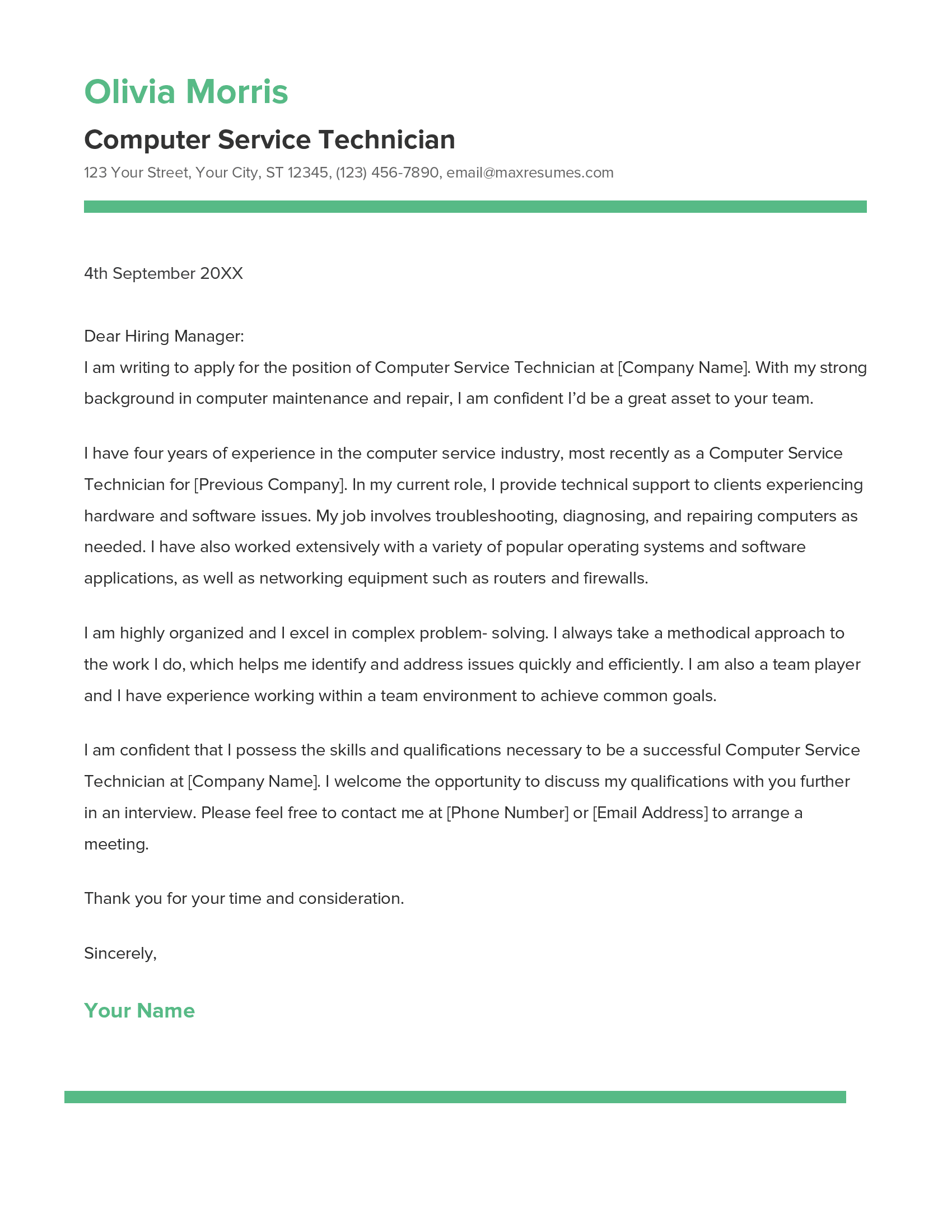 Computer Service Technician Cover Letter Example