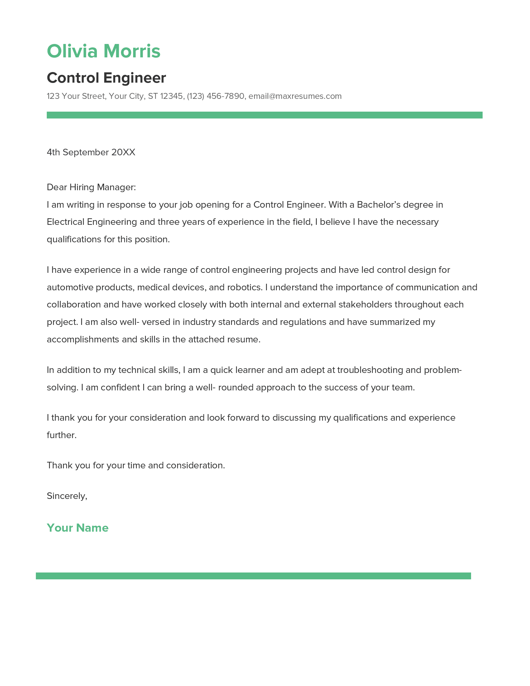 Control Engineer Cover Letter Example