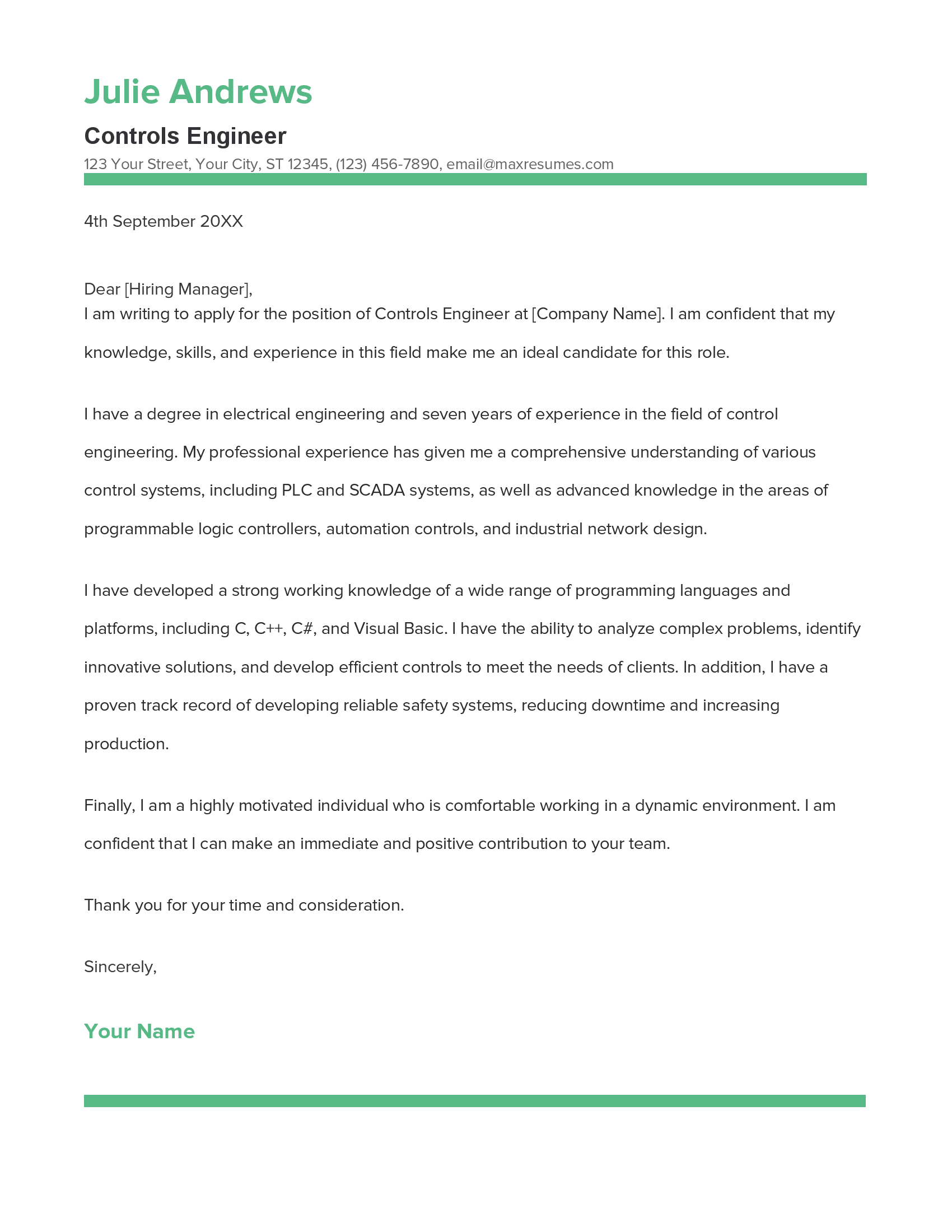 Controls Engineer Cover Letter Example