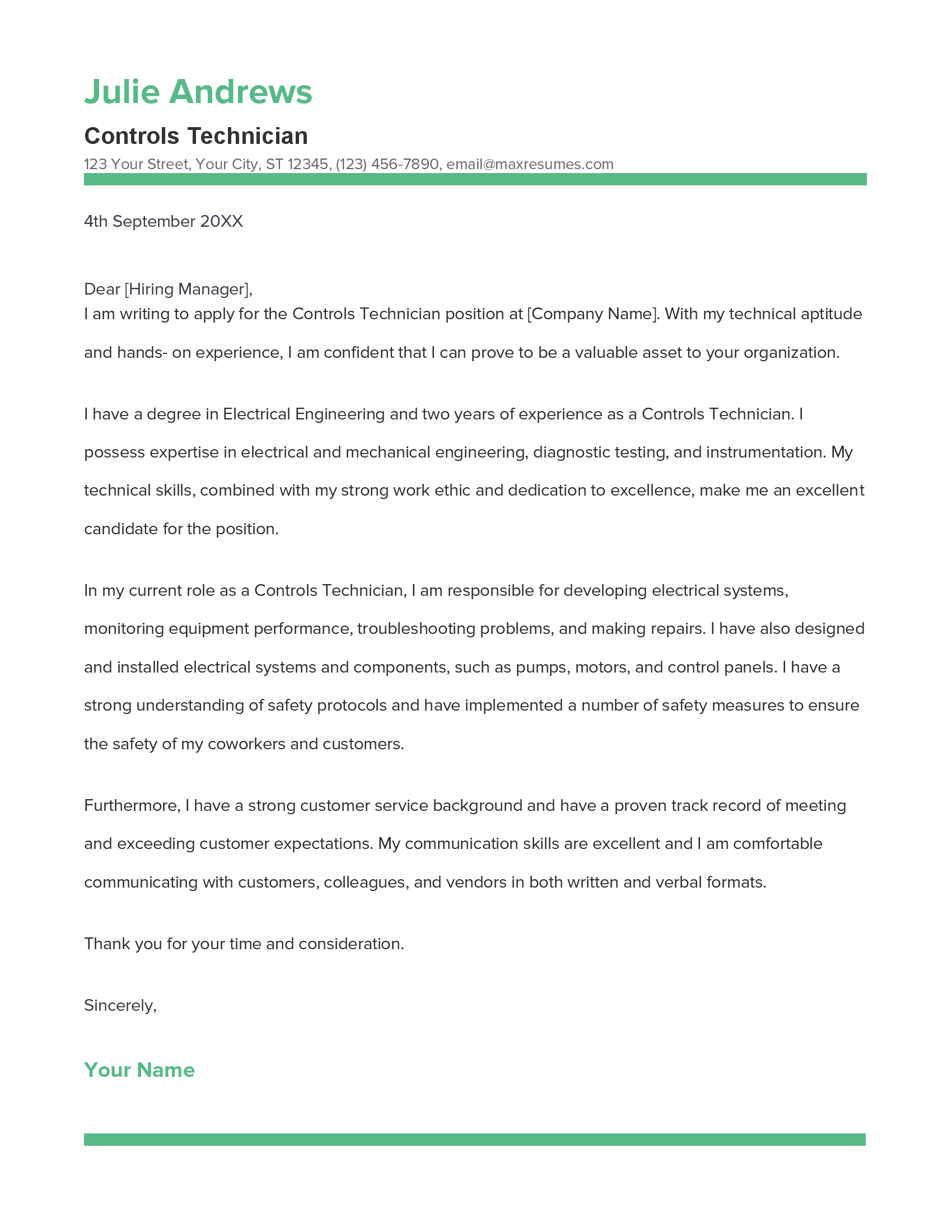 Controls Technician Cover Letter Example