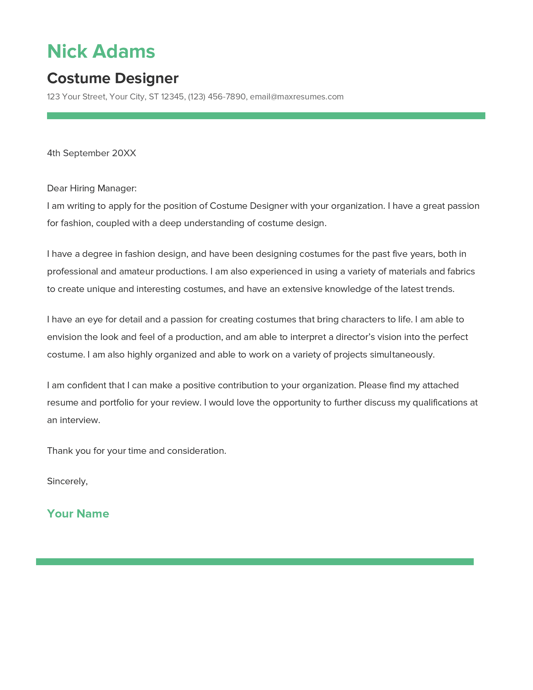 Costume Designer Cover Letter Example