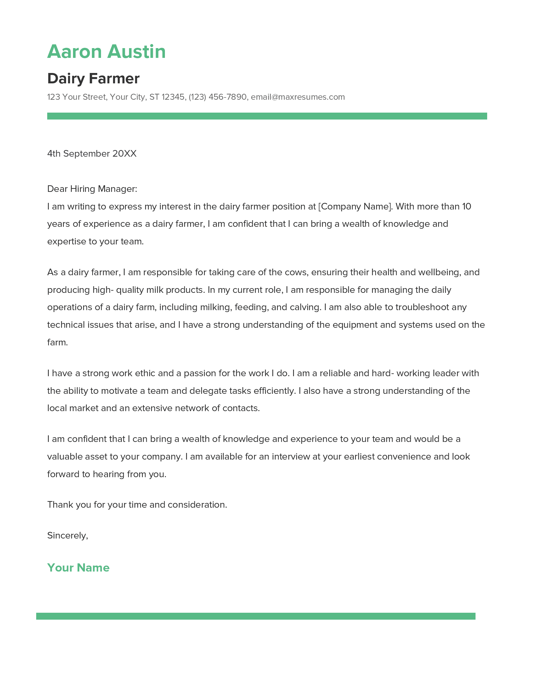 Dairy Farmer Cover Letter Example