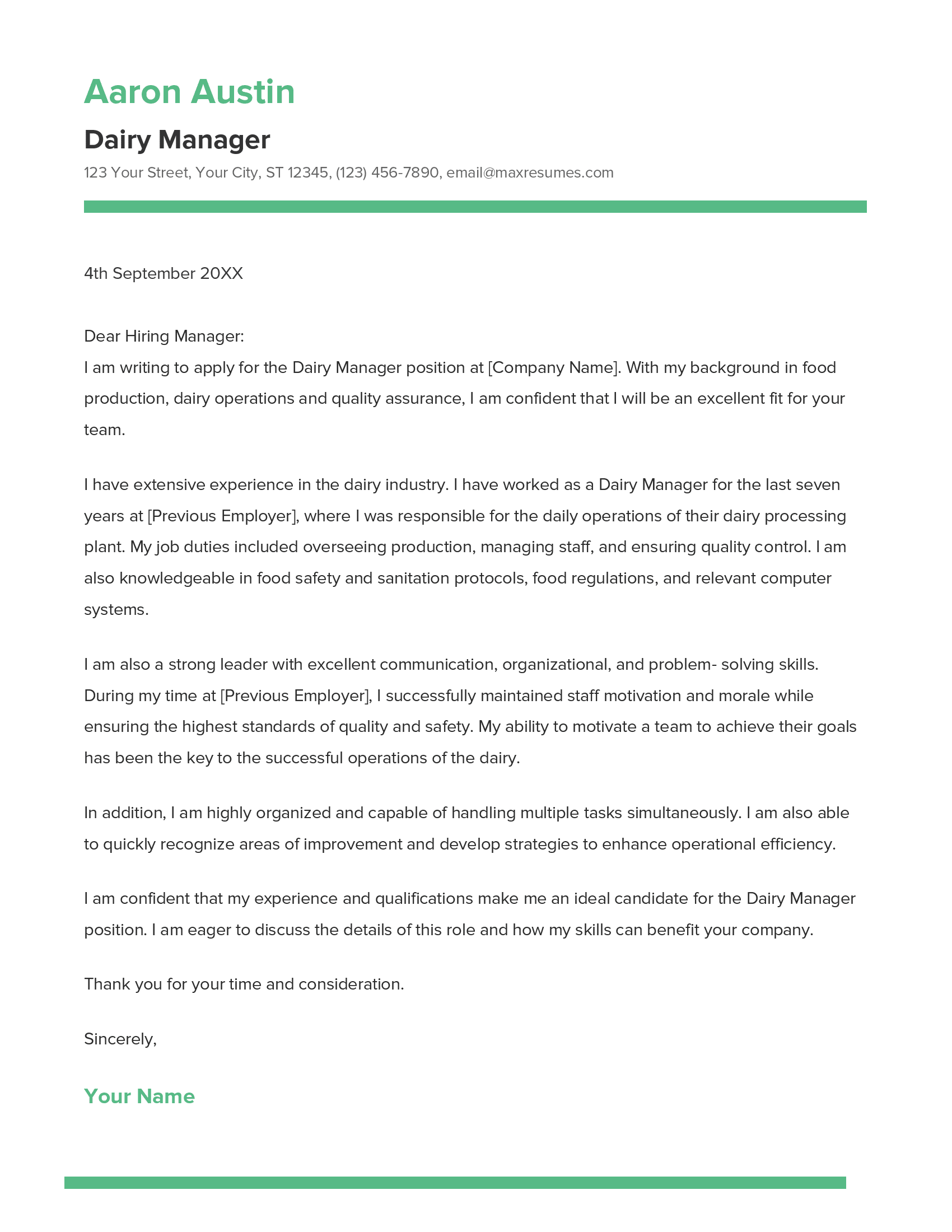 Dairy Manager Cover Letter Example