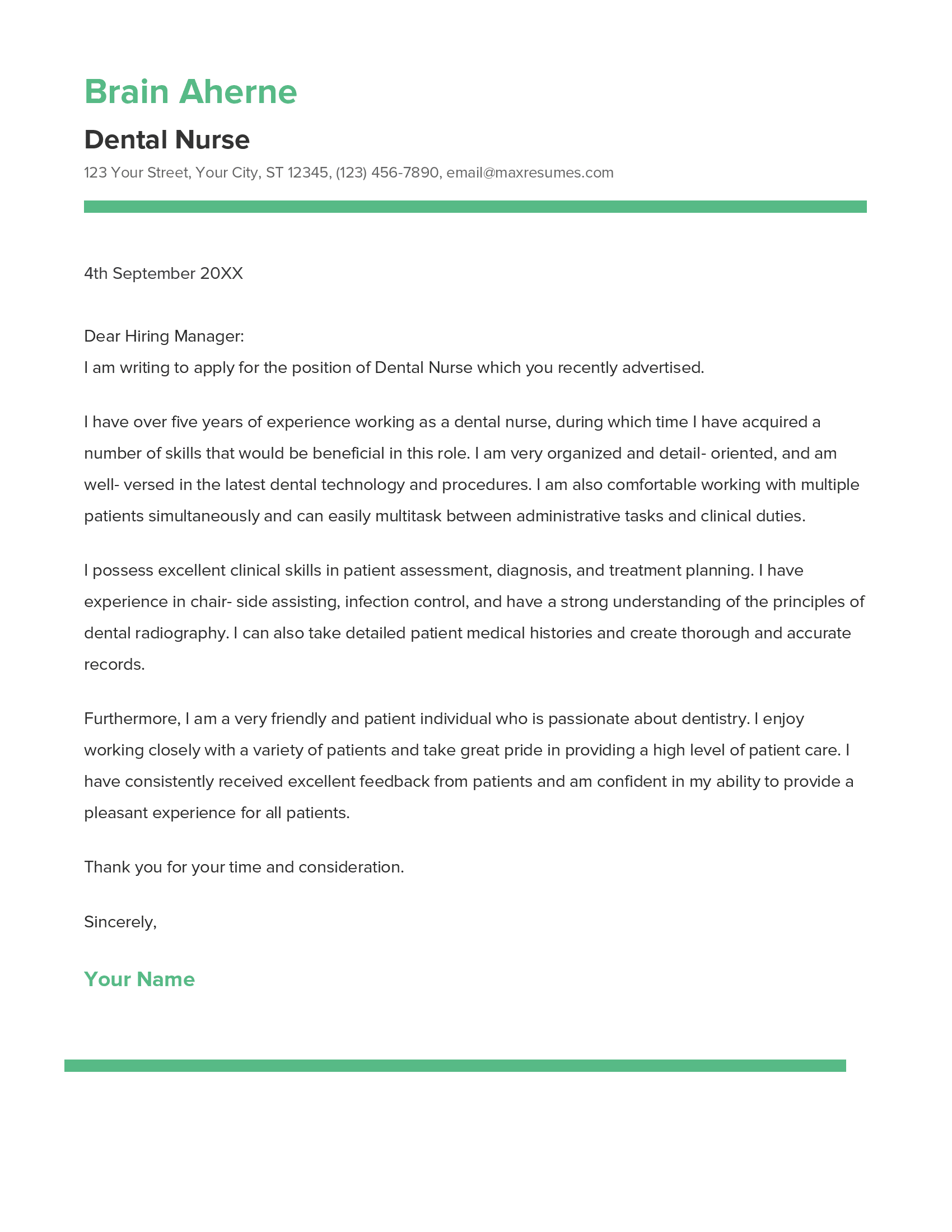 Dental Nurse Cover Letter Example