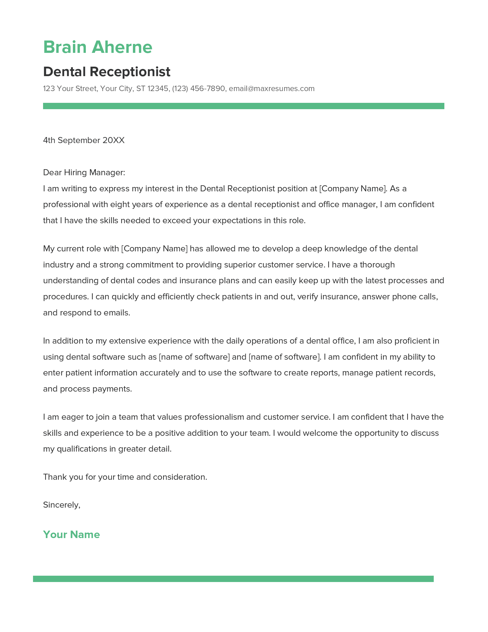 Dental Receptionist Cover Letter Example