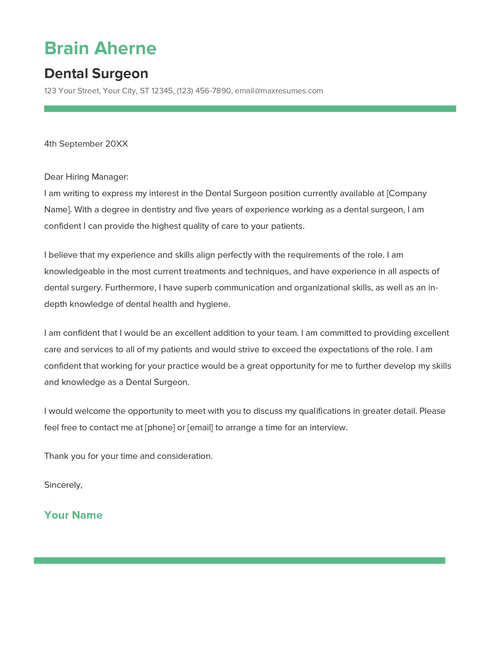 Dental Surgeon Cover Letter Example