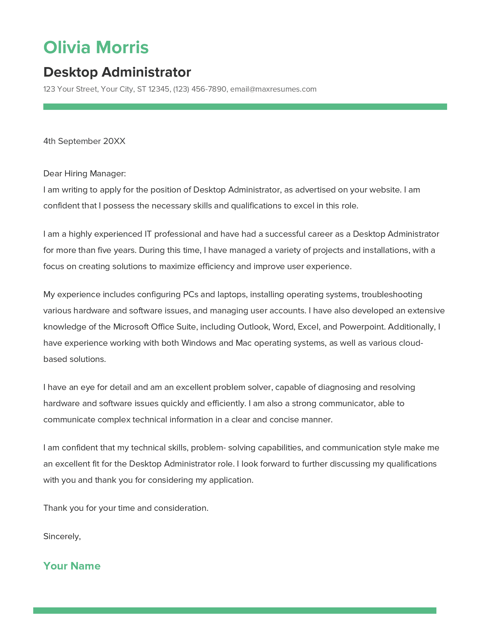 Desktop Administrator Cover Letter Example