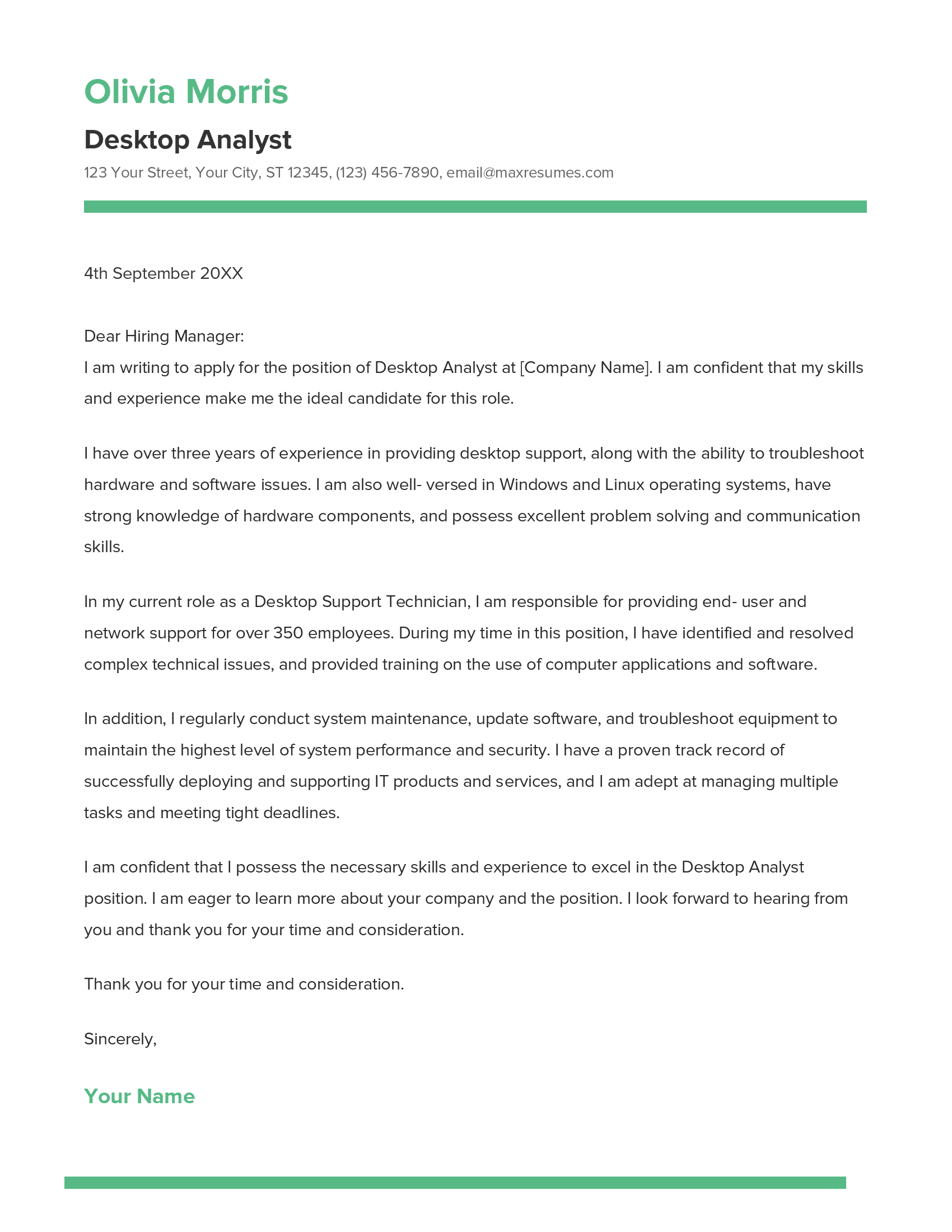 Desktop Analyst Cover Letter Example