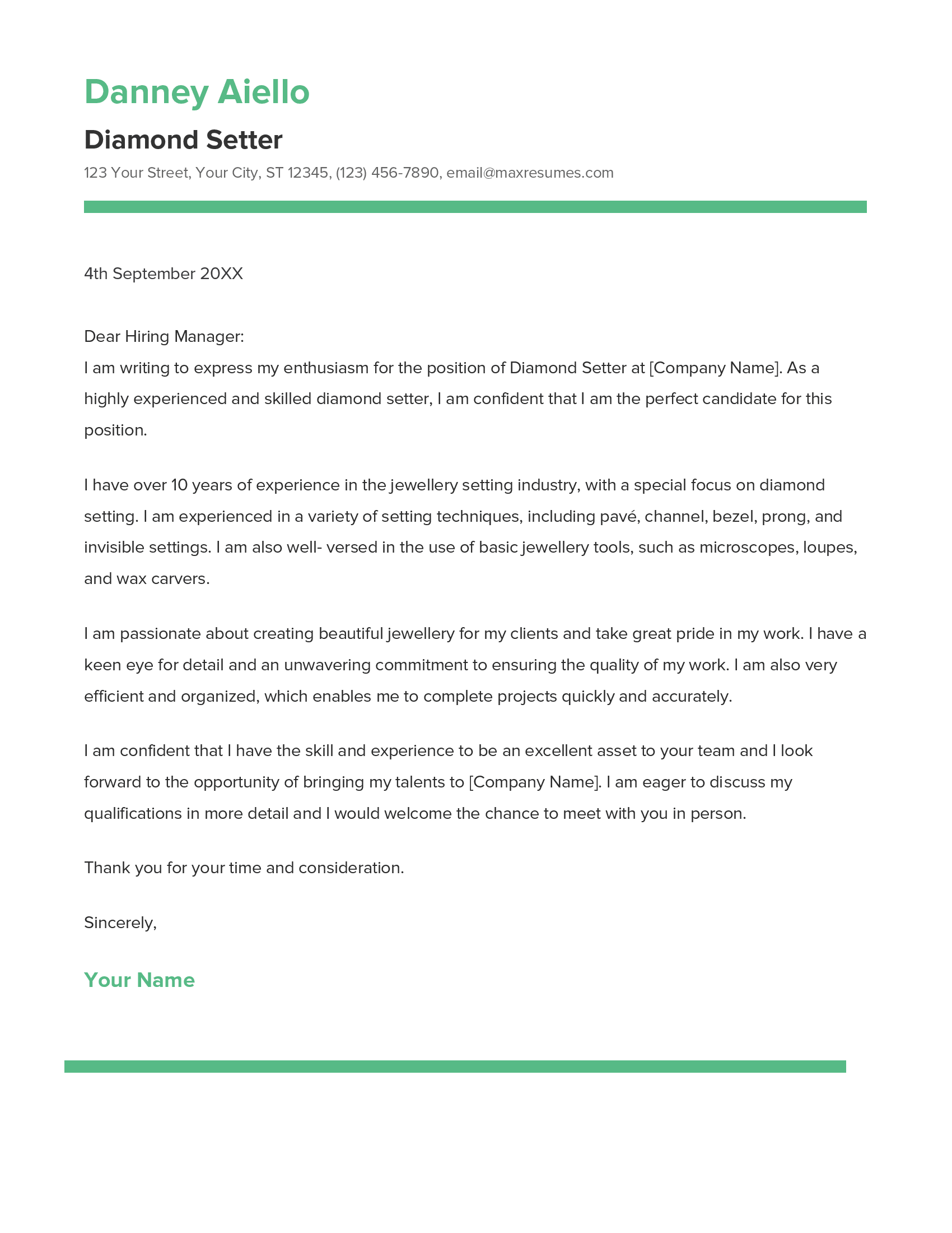 Diamond Setter Cover Letter Example