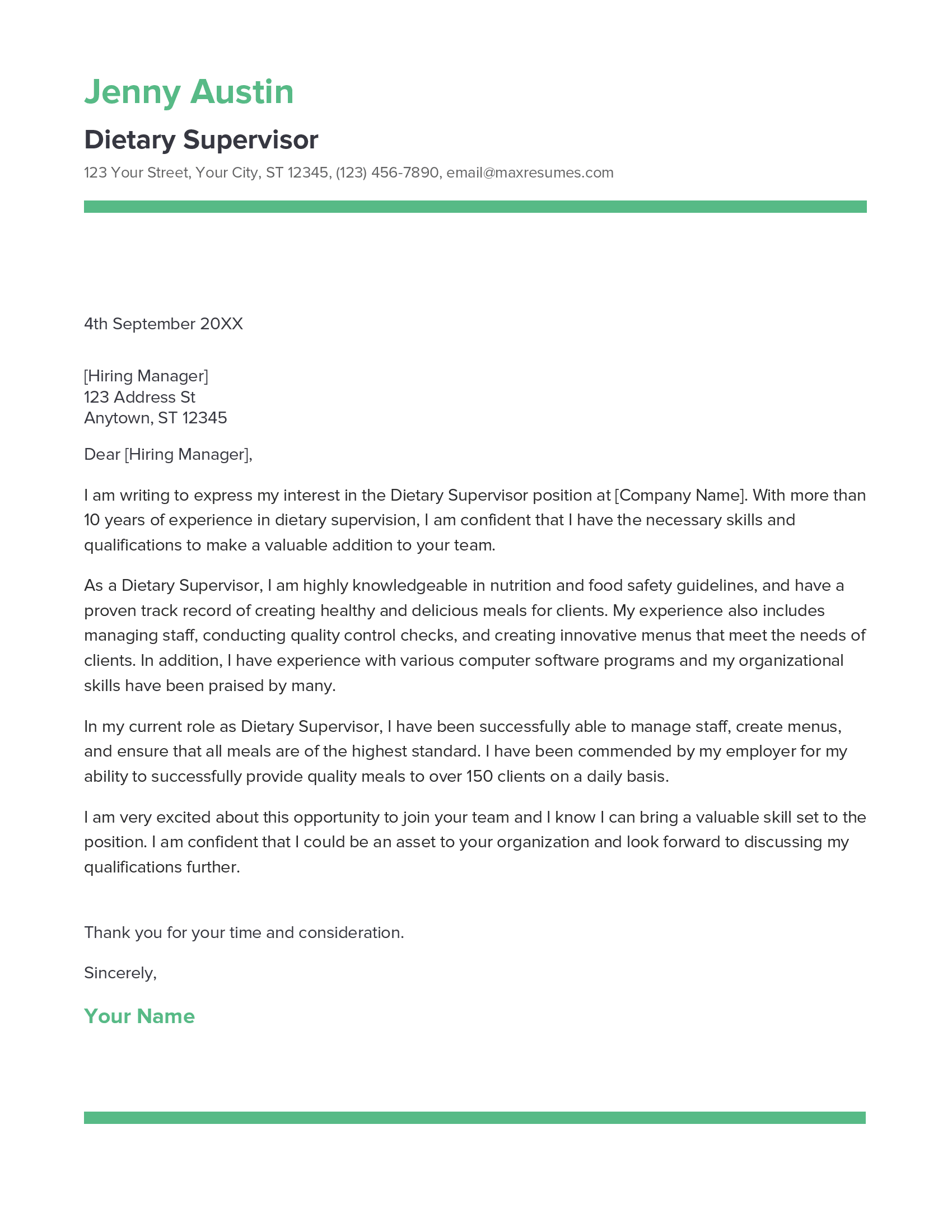 Dietary Supervisor Cover Letter Example
