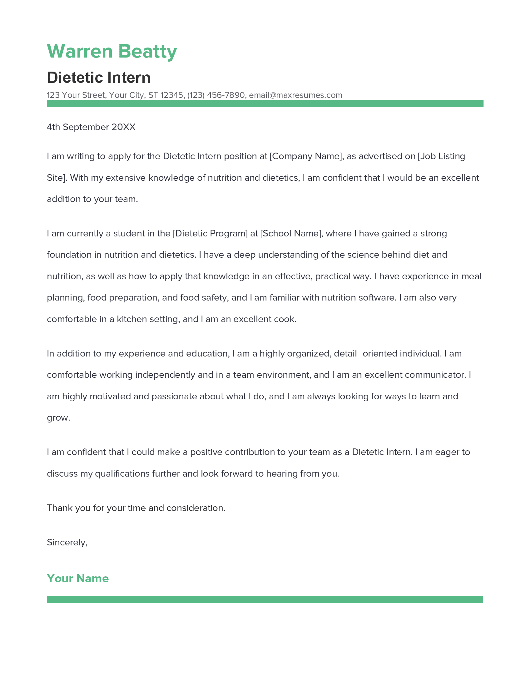 Dietetic Intern Cover Letter Example