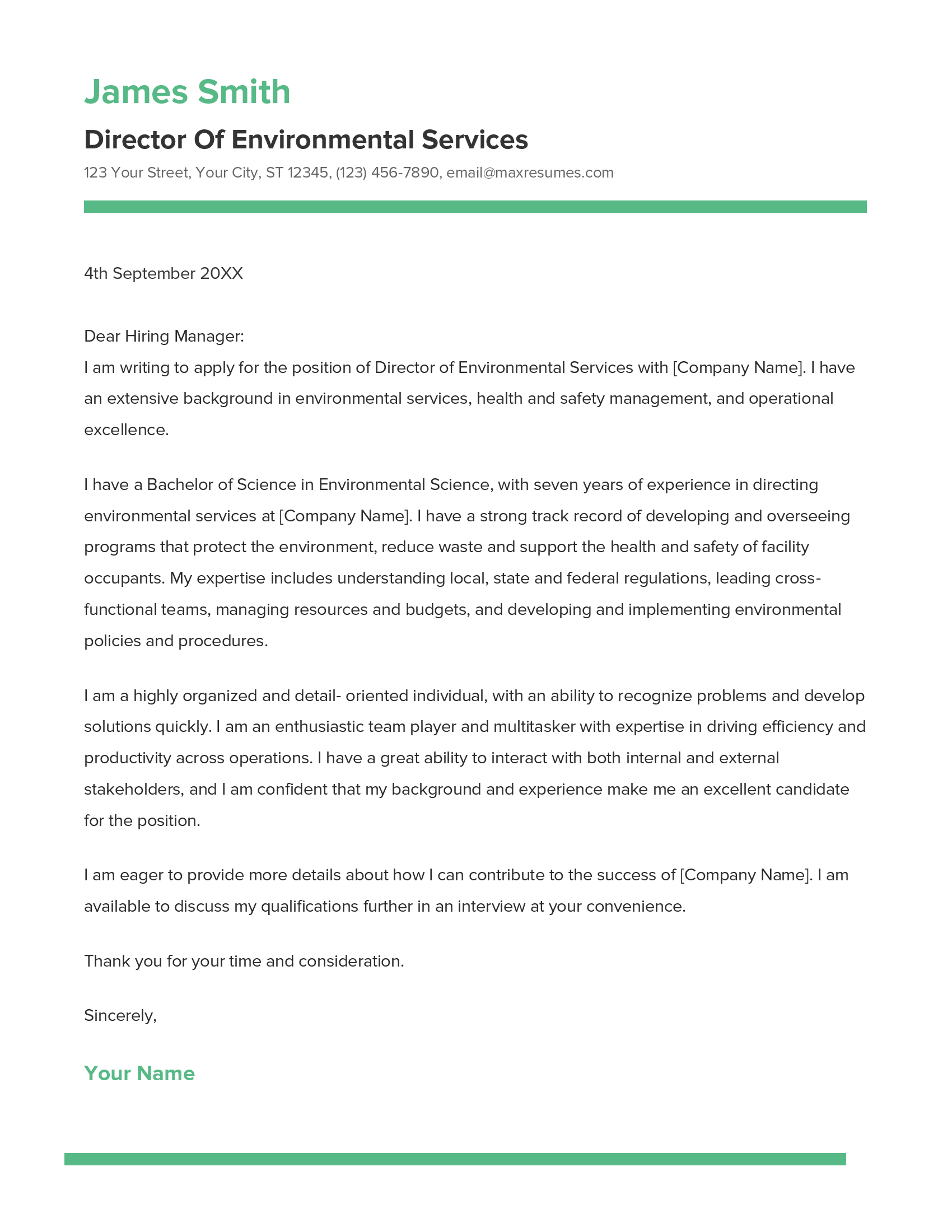 Director Of Environmental Services Cover Letter Example