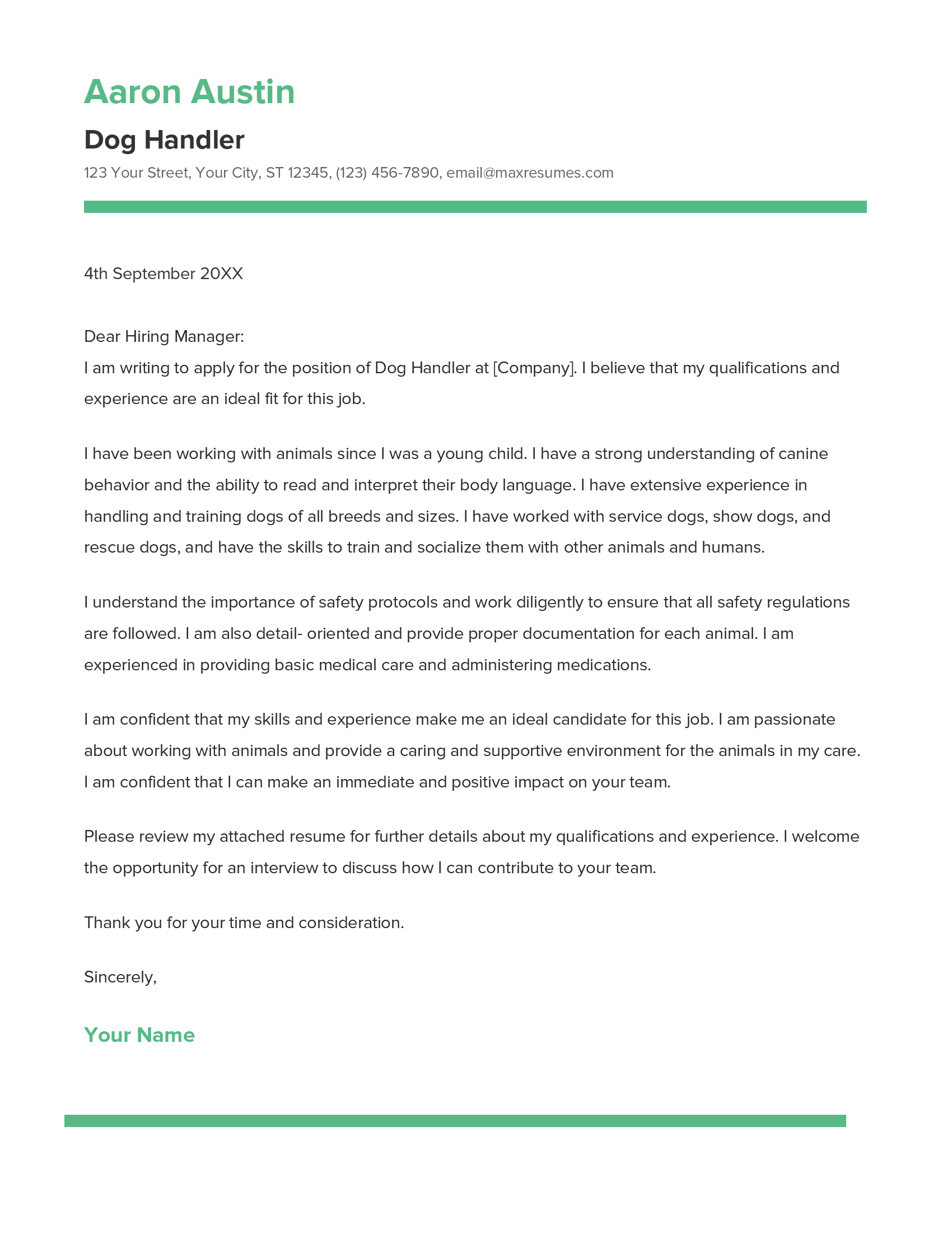 Dog Handler Cover Letter Example