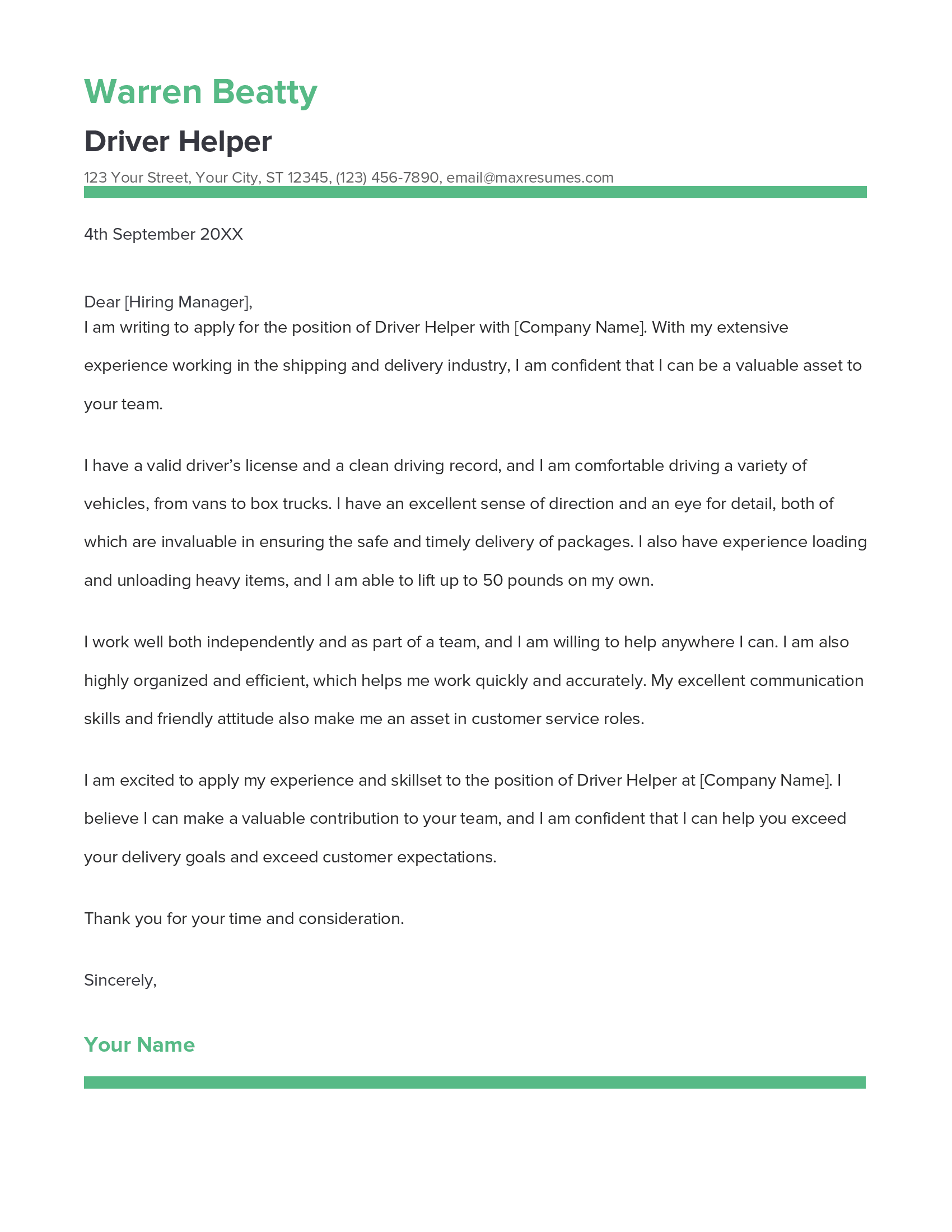 Driver Helper Cover Letter Example