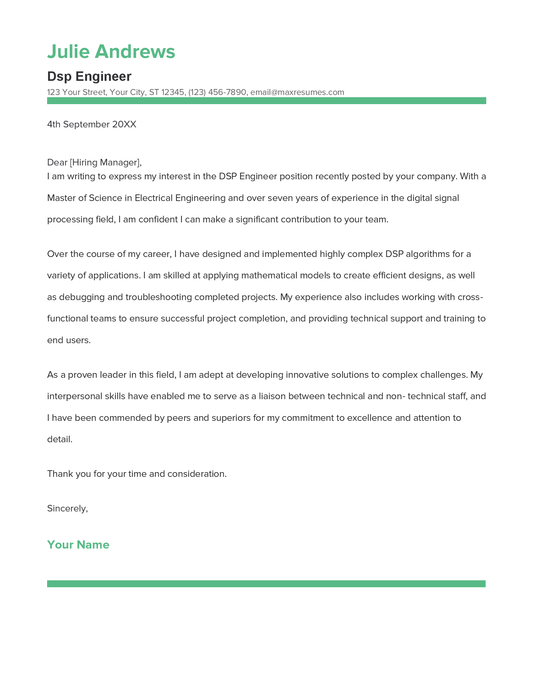 Dsp Engineer Cover Letter Example