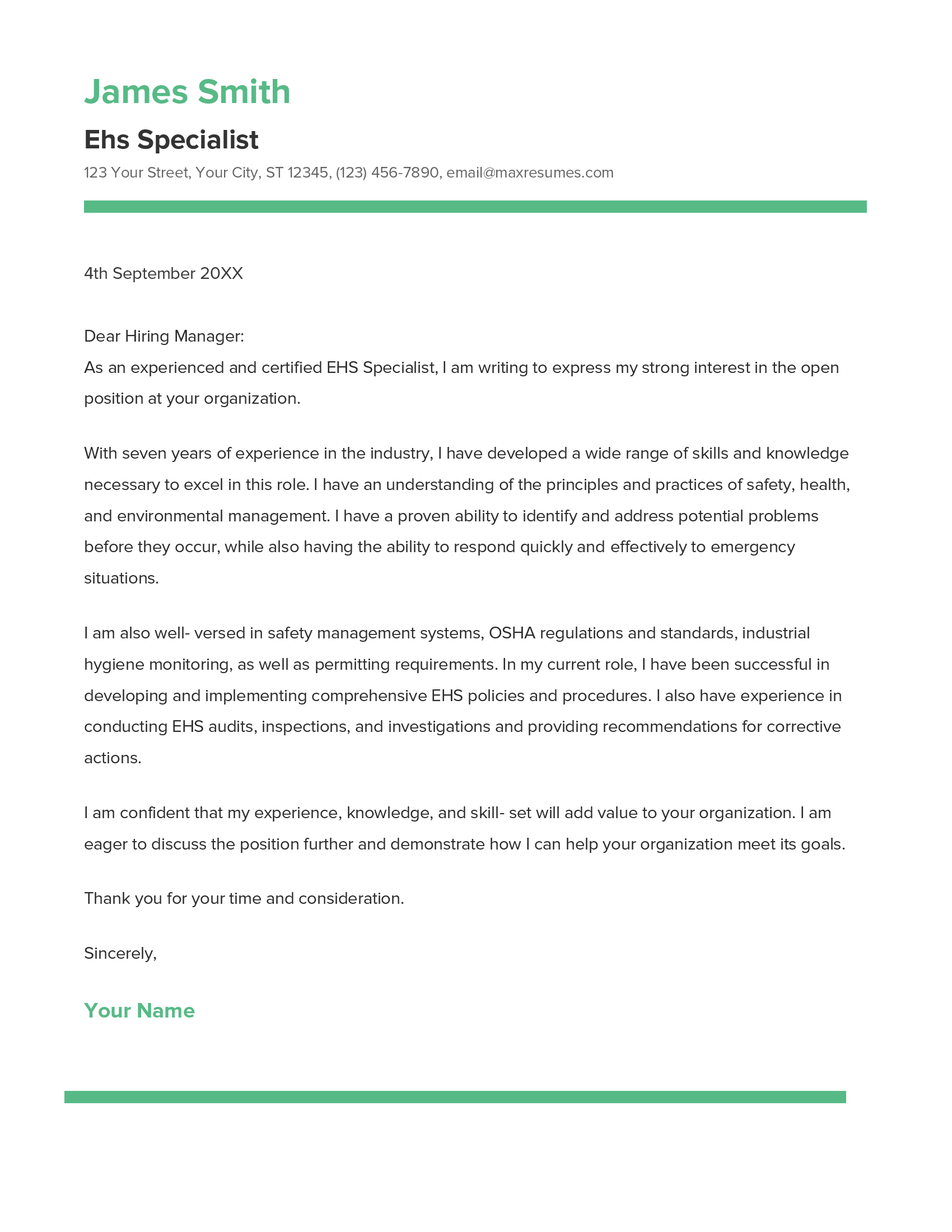 Ehs Specialist Cover Letter Example