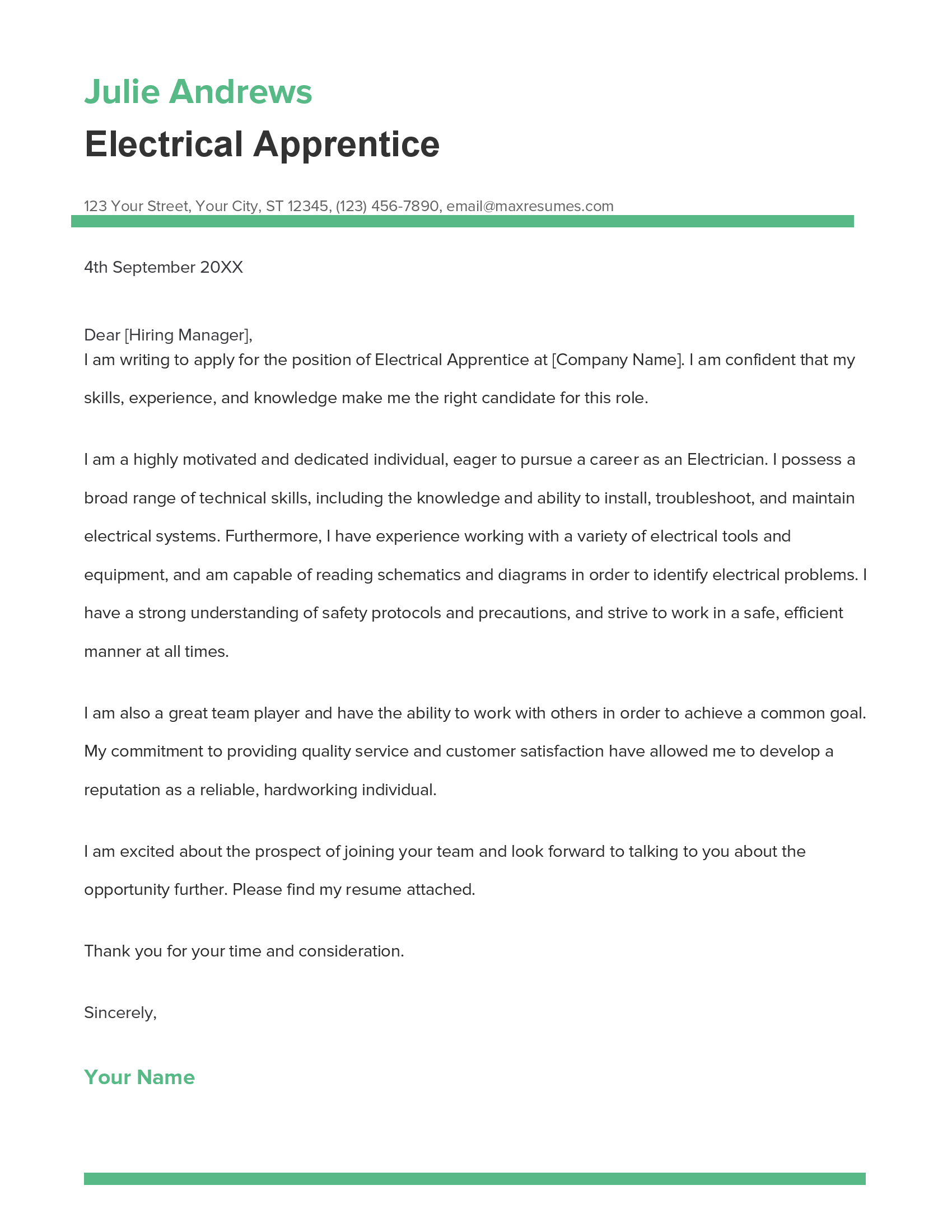 Electrical Apprentice Cover Letter Example