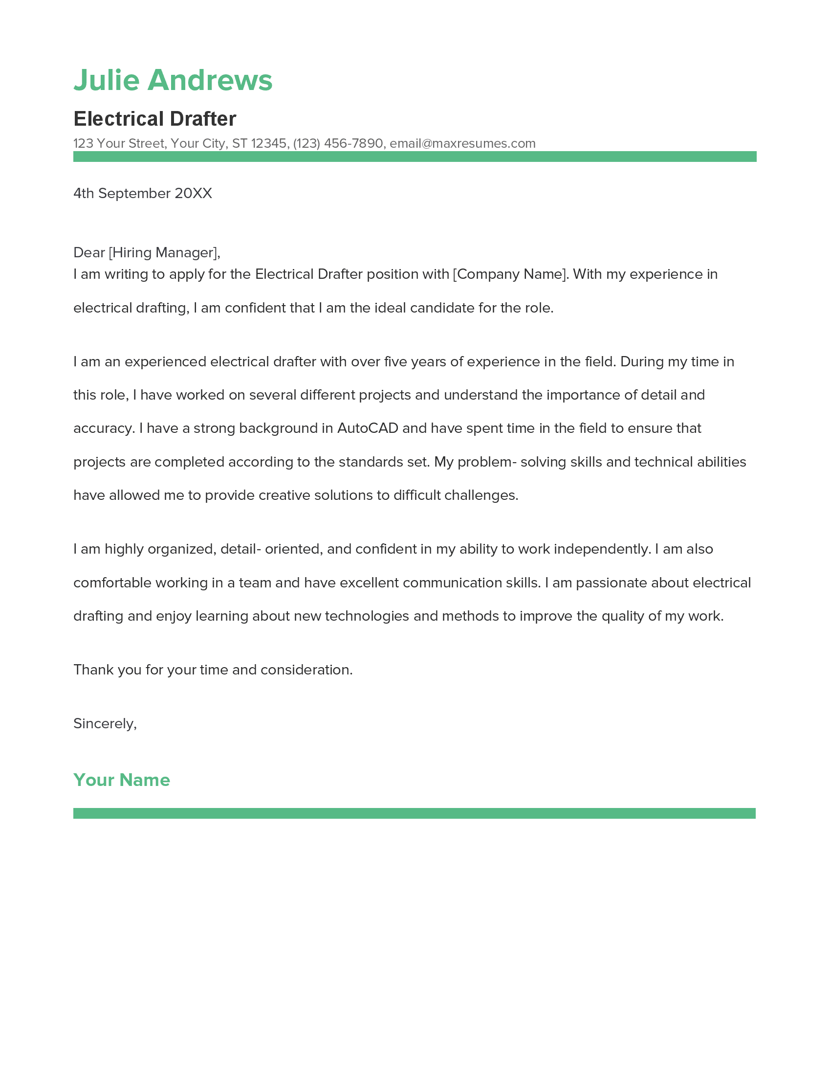 Electrical Drafter Cover Letter Example