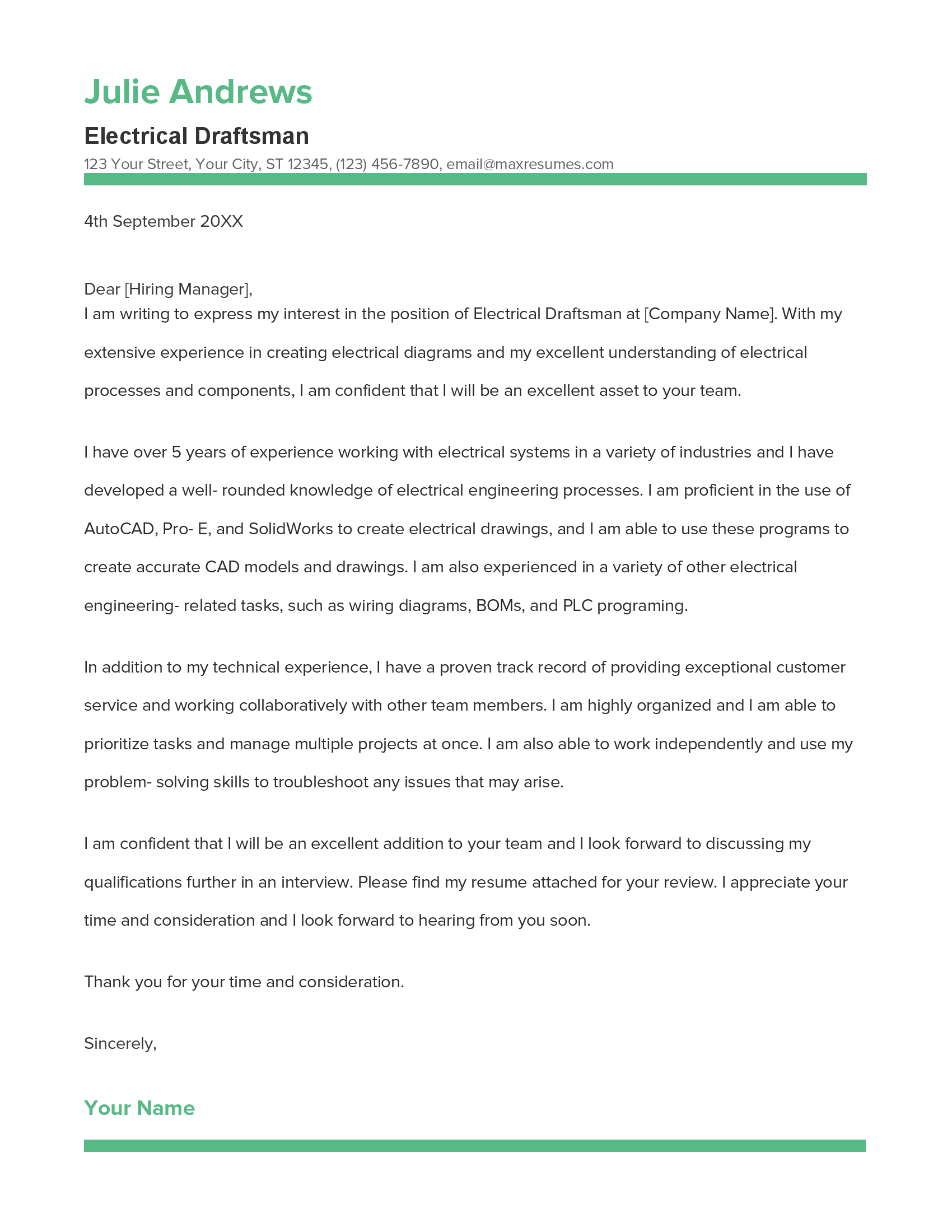 Electrical Draftsman Cover Letter Example