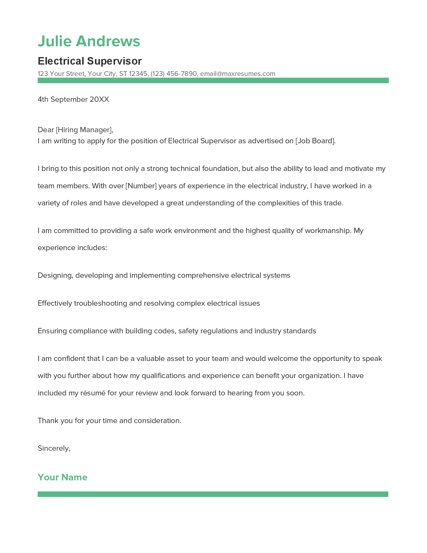 Electrical Supervisor Cover Letter Example