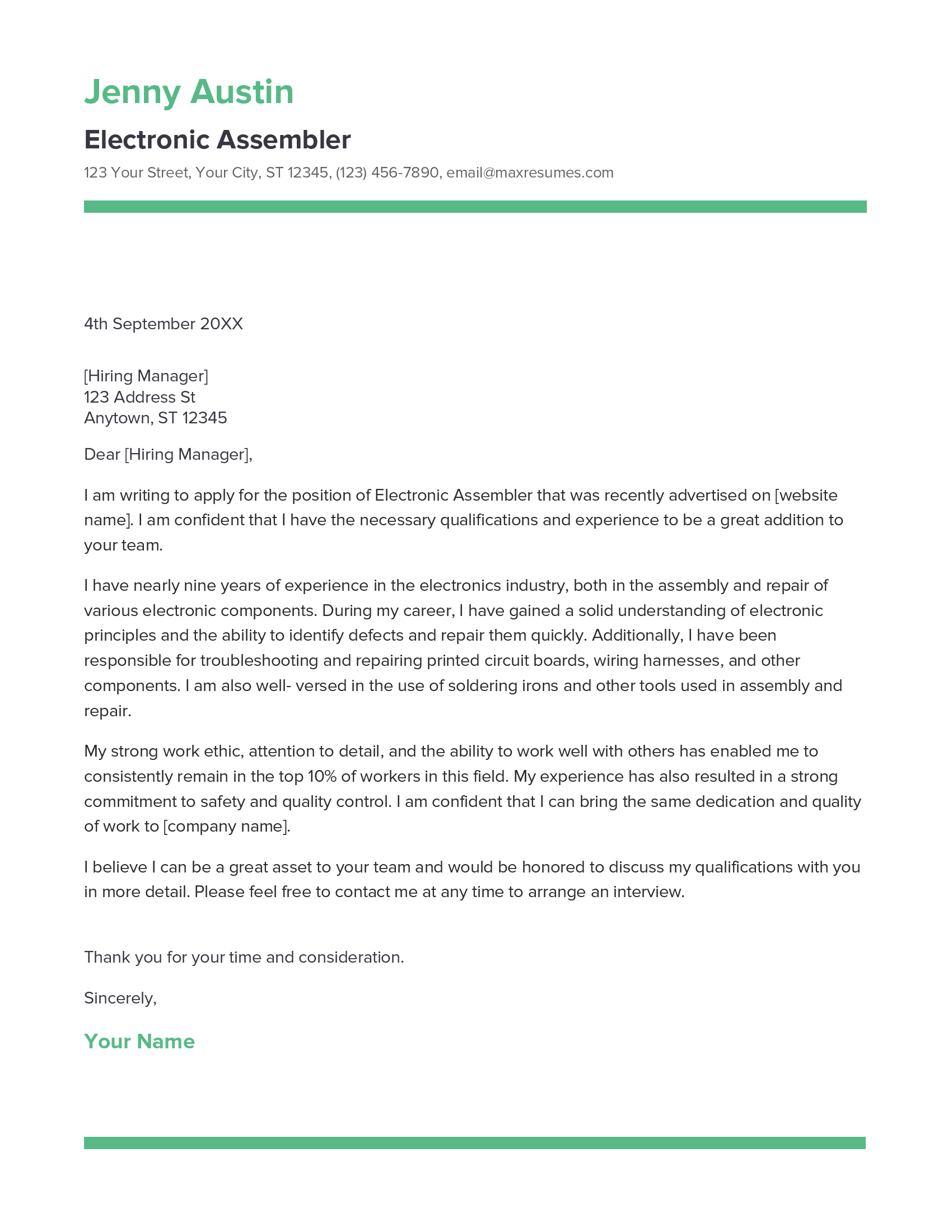 Electronic Assembler Cover Letter Example