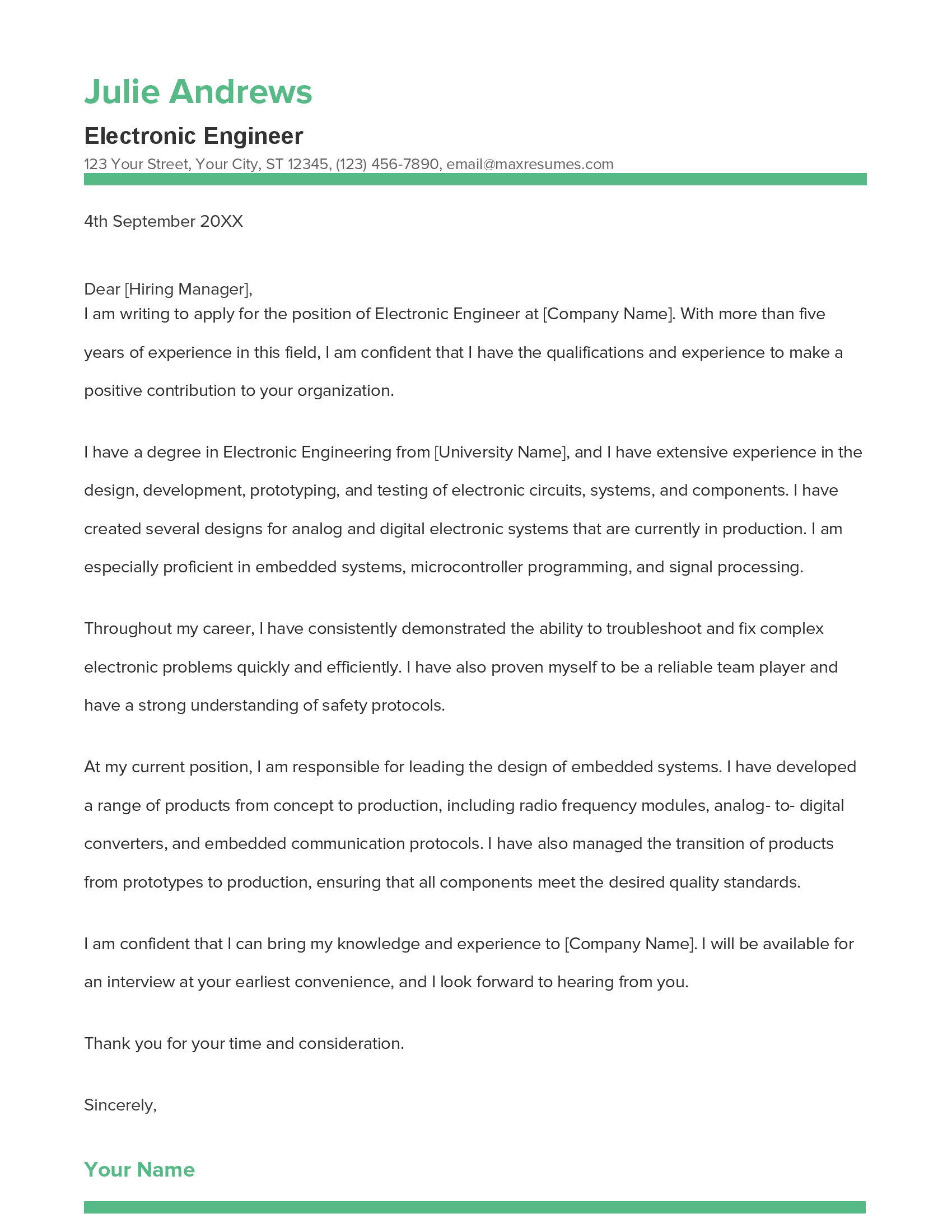 Electronic Engineer Cover Letter Example