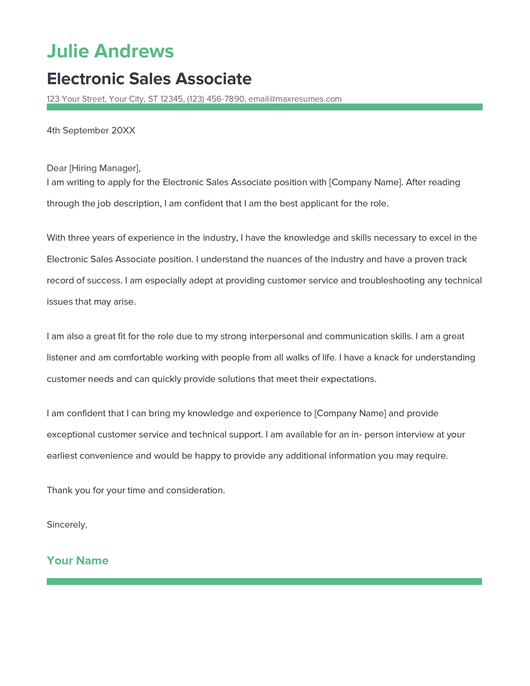 Electronic Sales Associate Cover Letter Example