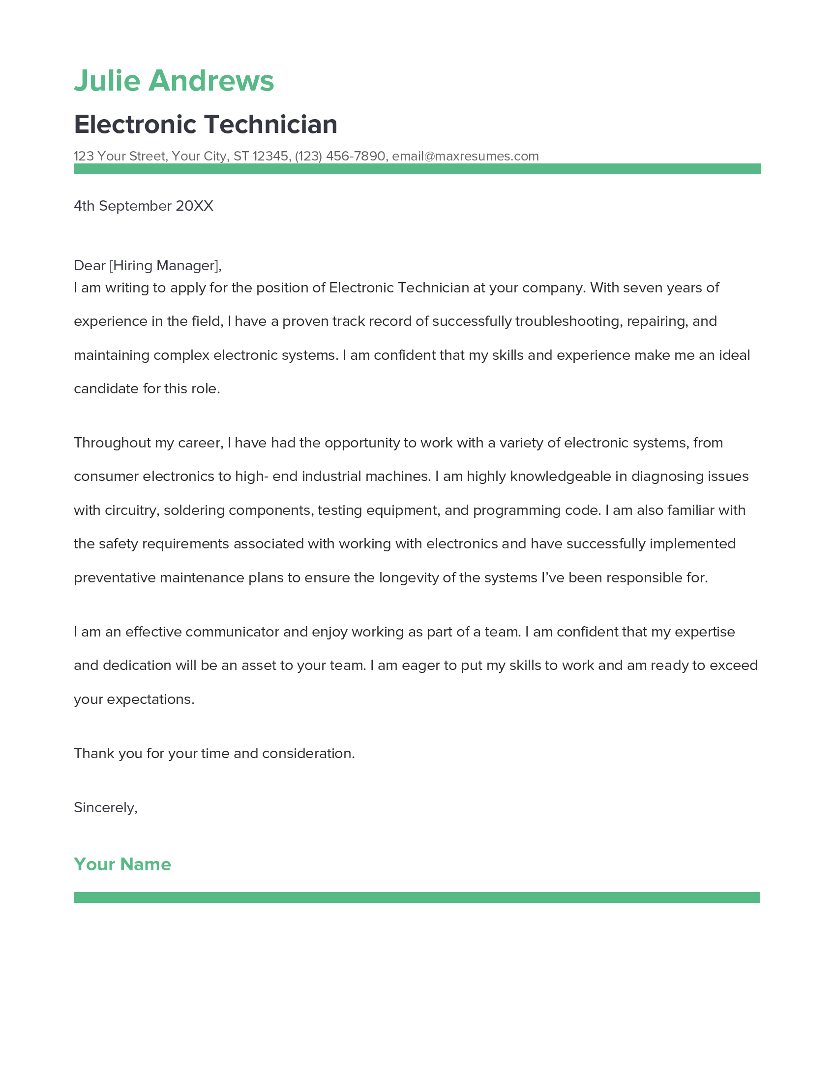 Electronic Technician Cover Letter Example