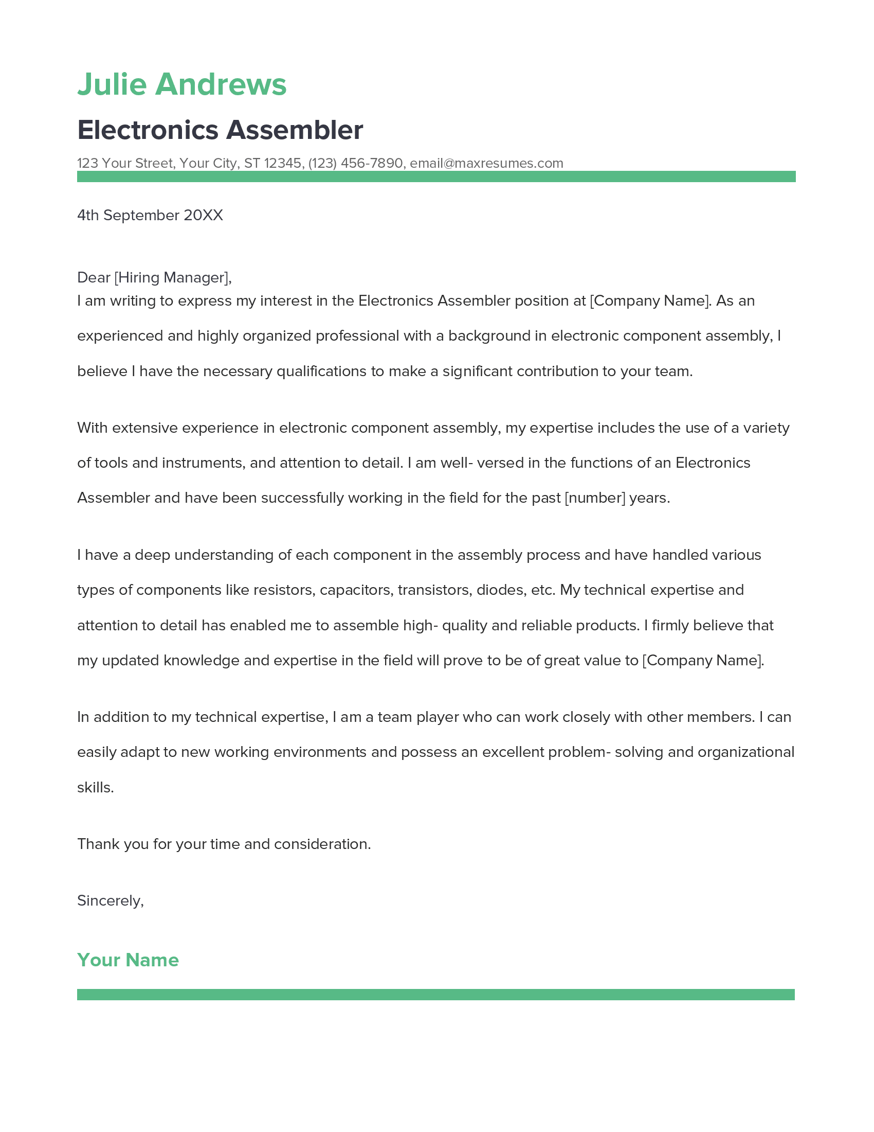 Electronics Assembler Cover Letter Example
